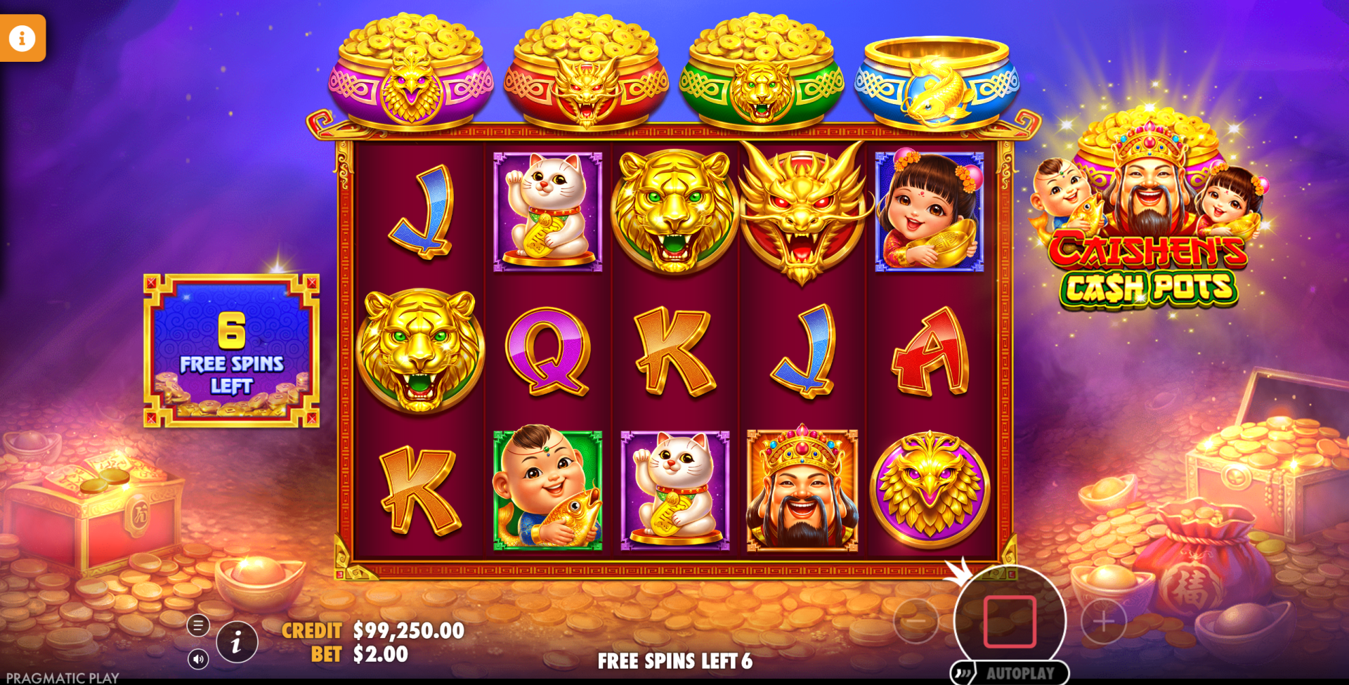 Caishen's Cash Pots super free spins feature with all three pot modifiers active