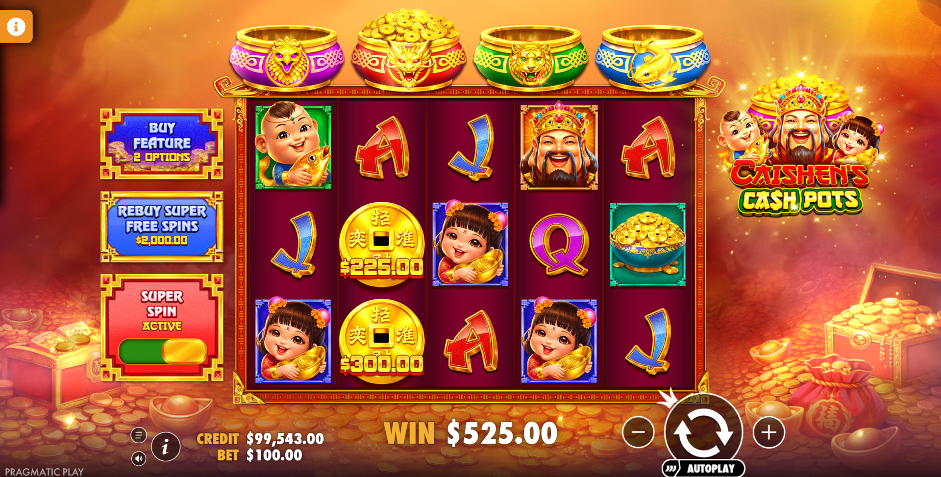 Caishen's Cash Pots win during super spin with automatic money collect