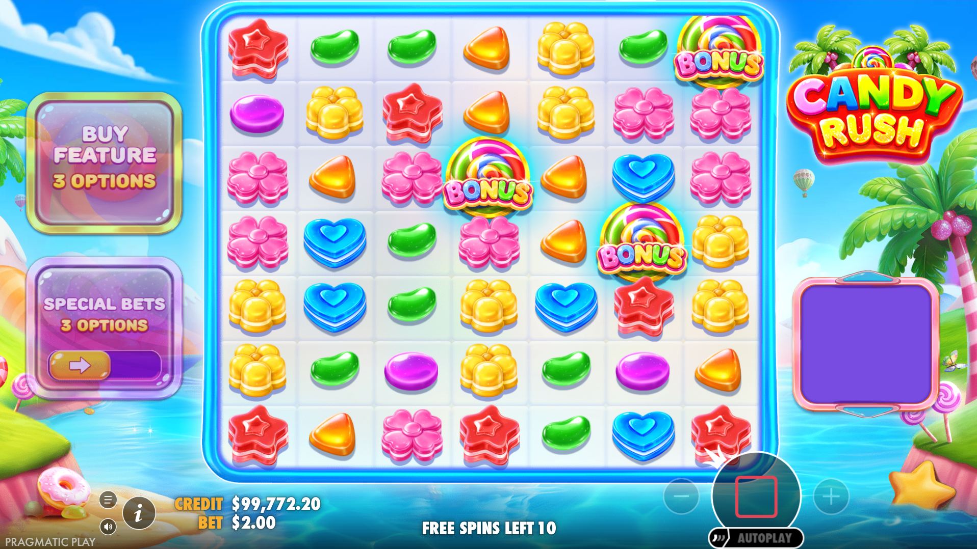 Candy Rush 3 scatter symbols triggering the regular free spins bonus