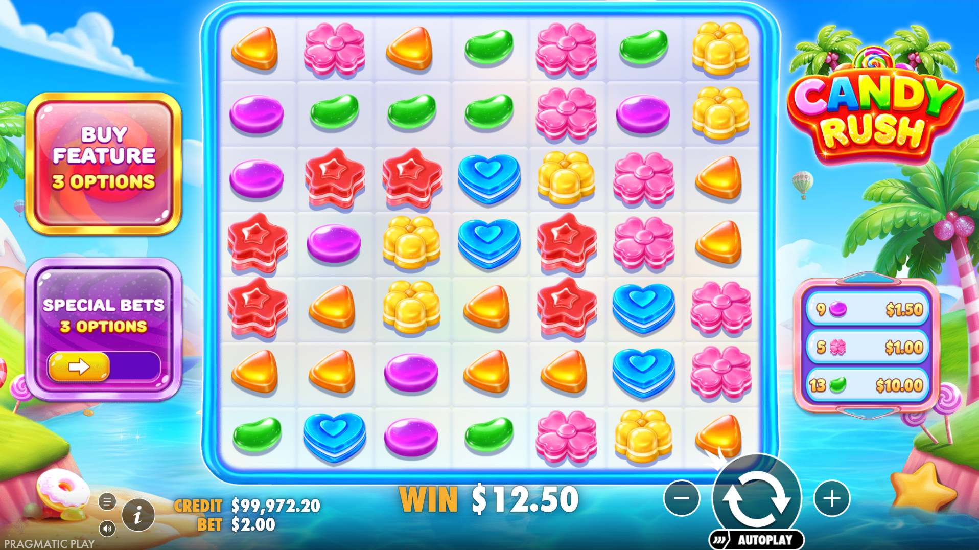 Candy Rush base game showing 7x7 cluster pays grid with candy symbols