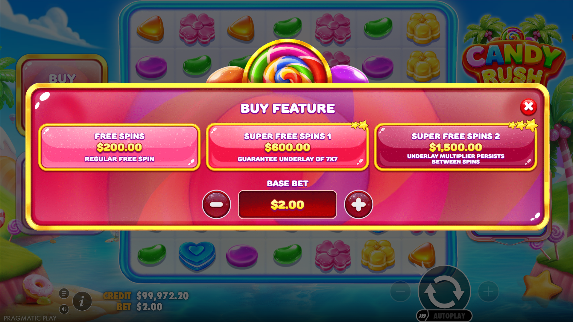 Candy Rush bonus buy options showing Random Free Spins, Super Free Spins 1 and Super Free Spins 2