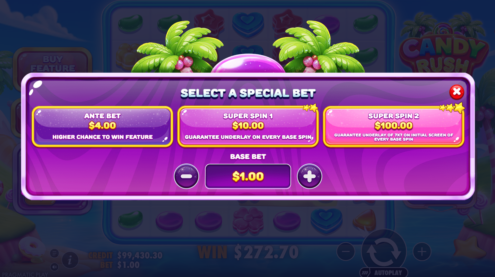Candy Rush special bets options including Ante Bet and Super Spin modes