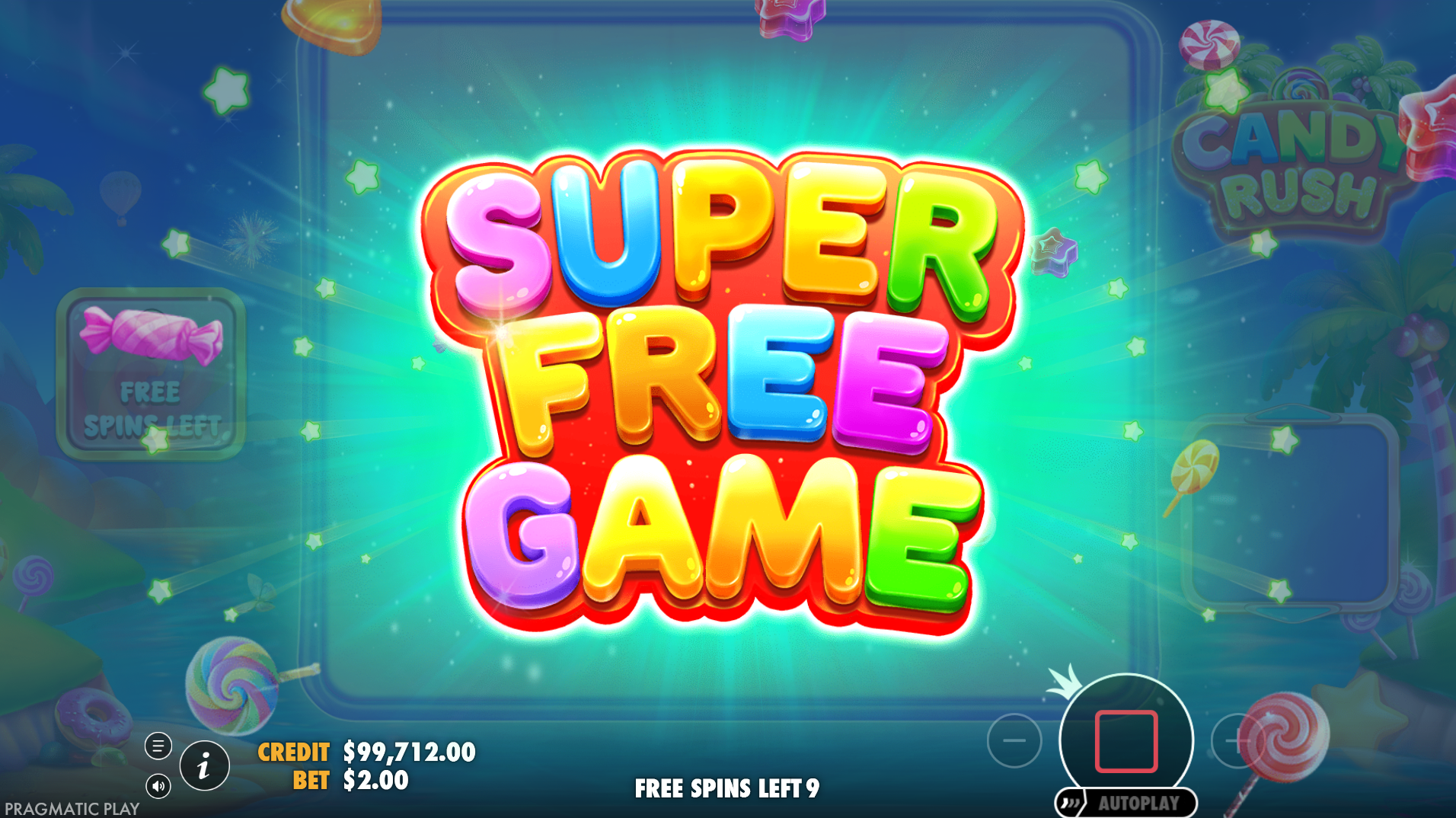 Candy Rush Super Free Spins mode with full 7x7 multiplier underlay active