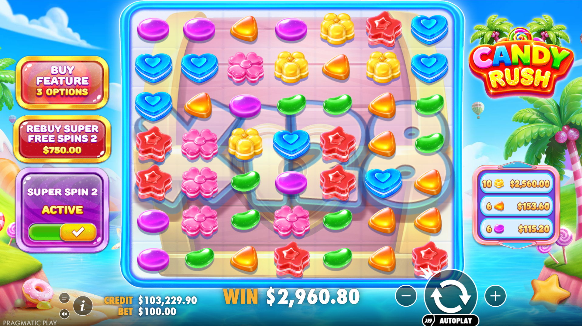 Candy Rush Super Spin win showing large multiplier underlay payout