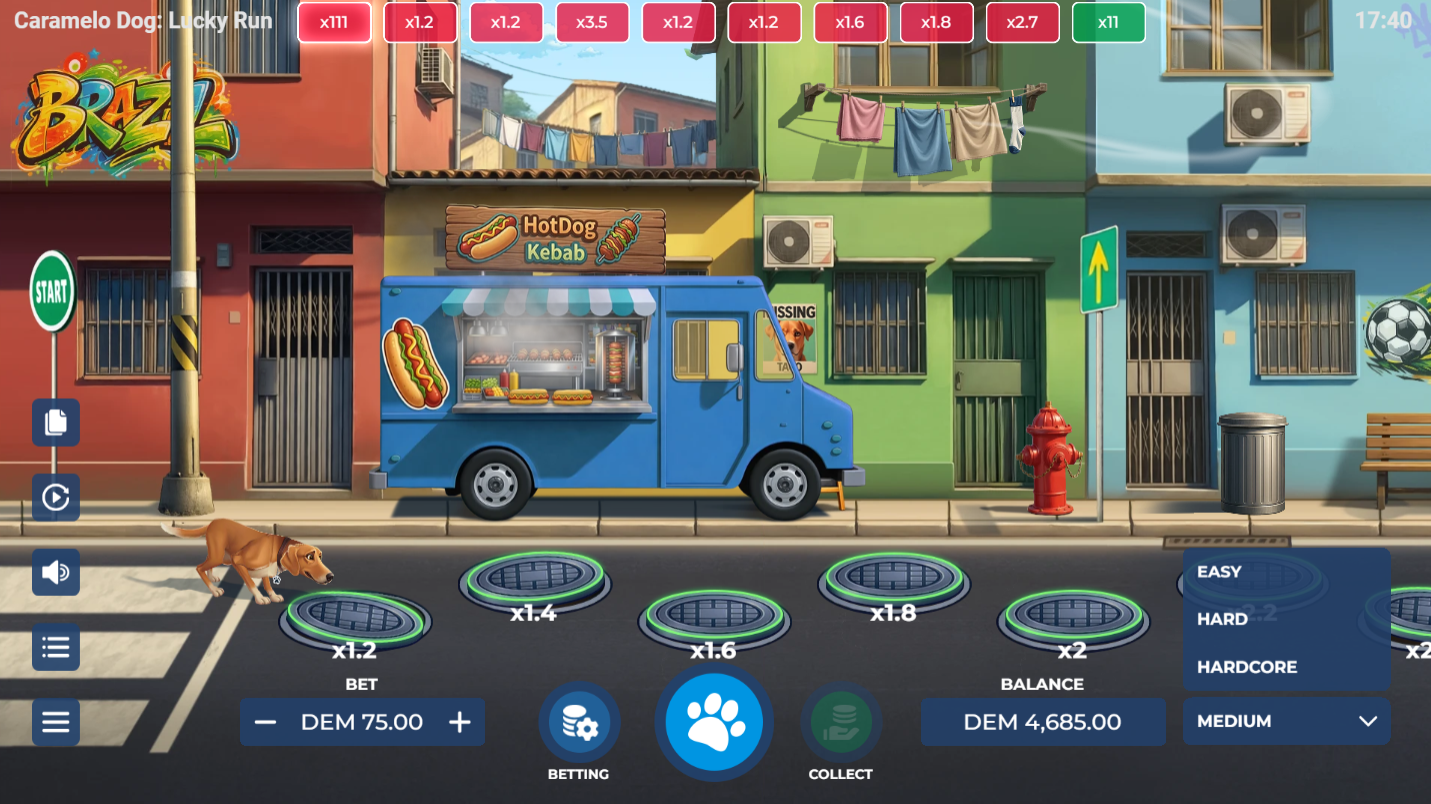 Caramelo Dog Lucky Run difficulty level selection screen showing Easy, Medium and Hardcore options