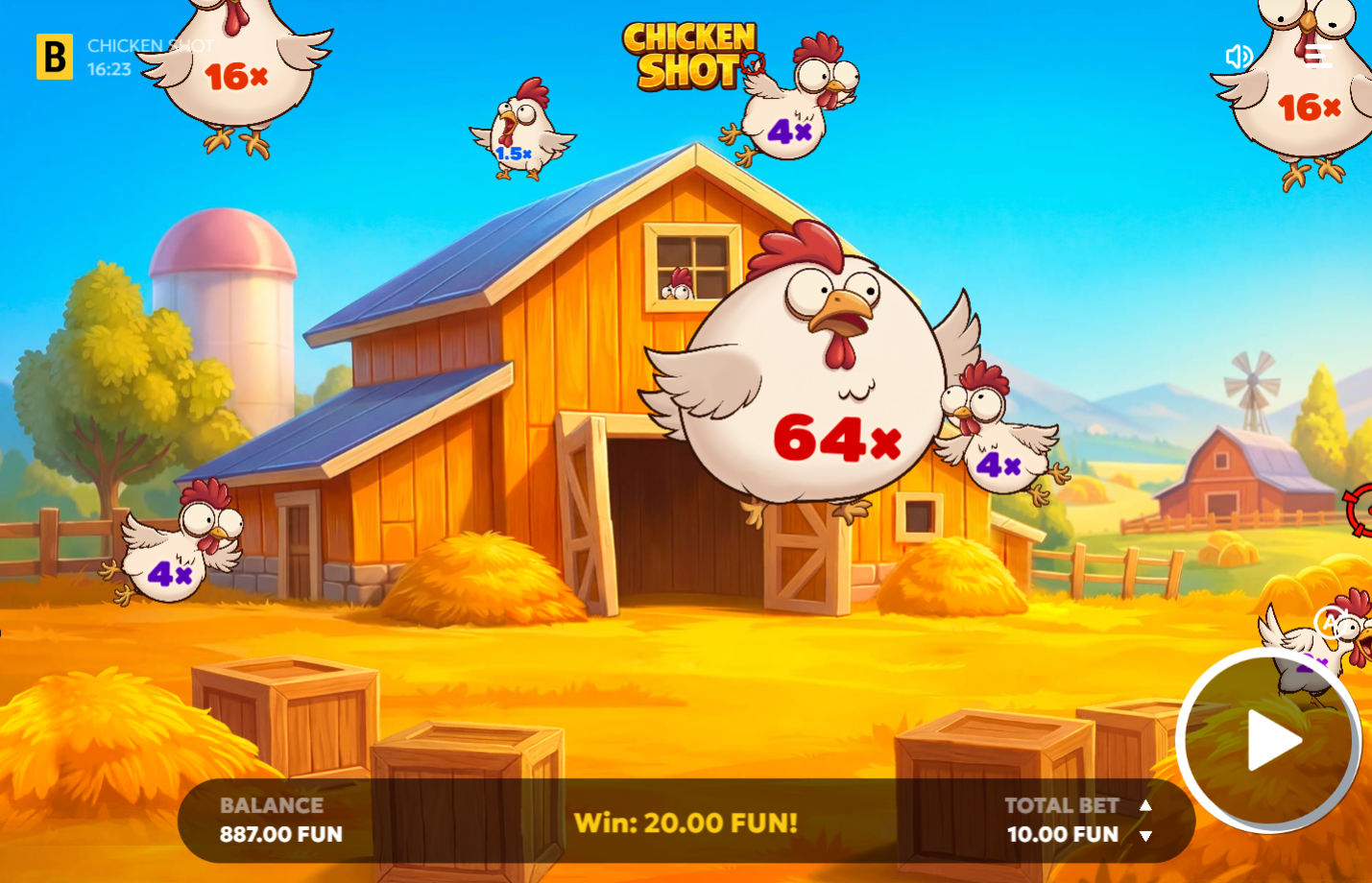 Chicken Shot base game - farm setting with chickens on screen
