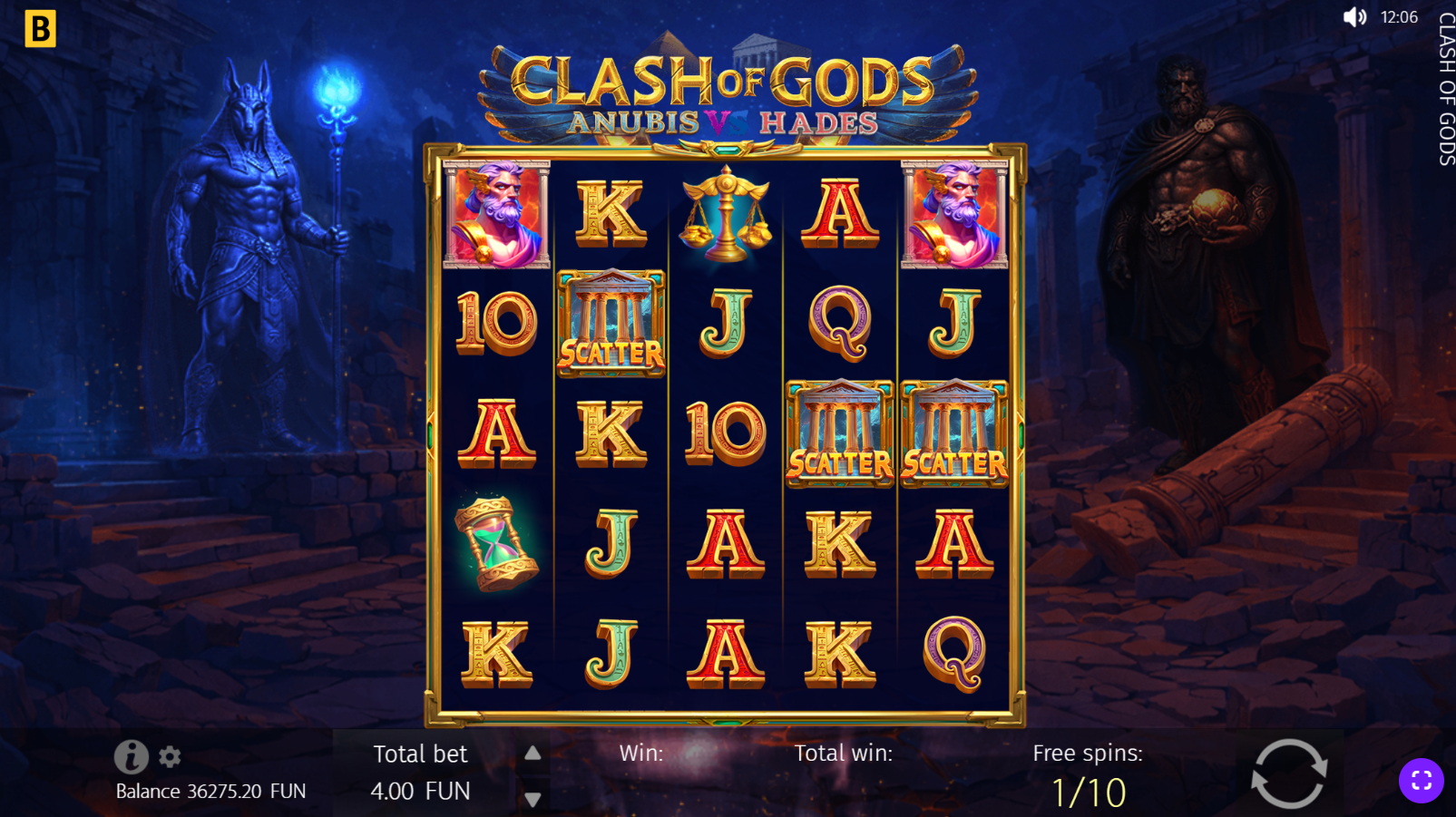 Clash of Gods: Anubis vs Hades showing 3 scatter symbols triggering the bonus round