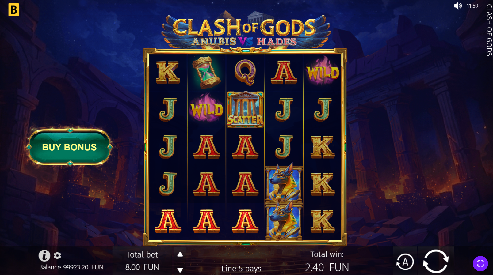 Clash of Gods: Anubis vs Hades base game showing the 5x5 grid with Anubis and Hades symbols