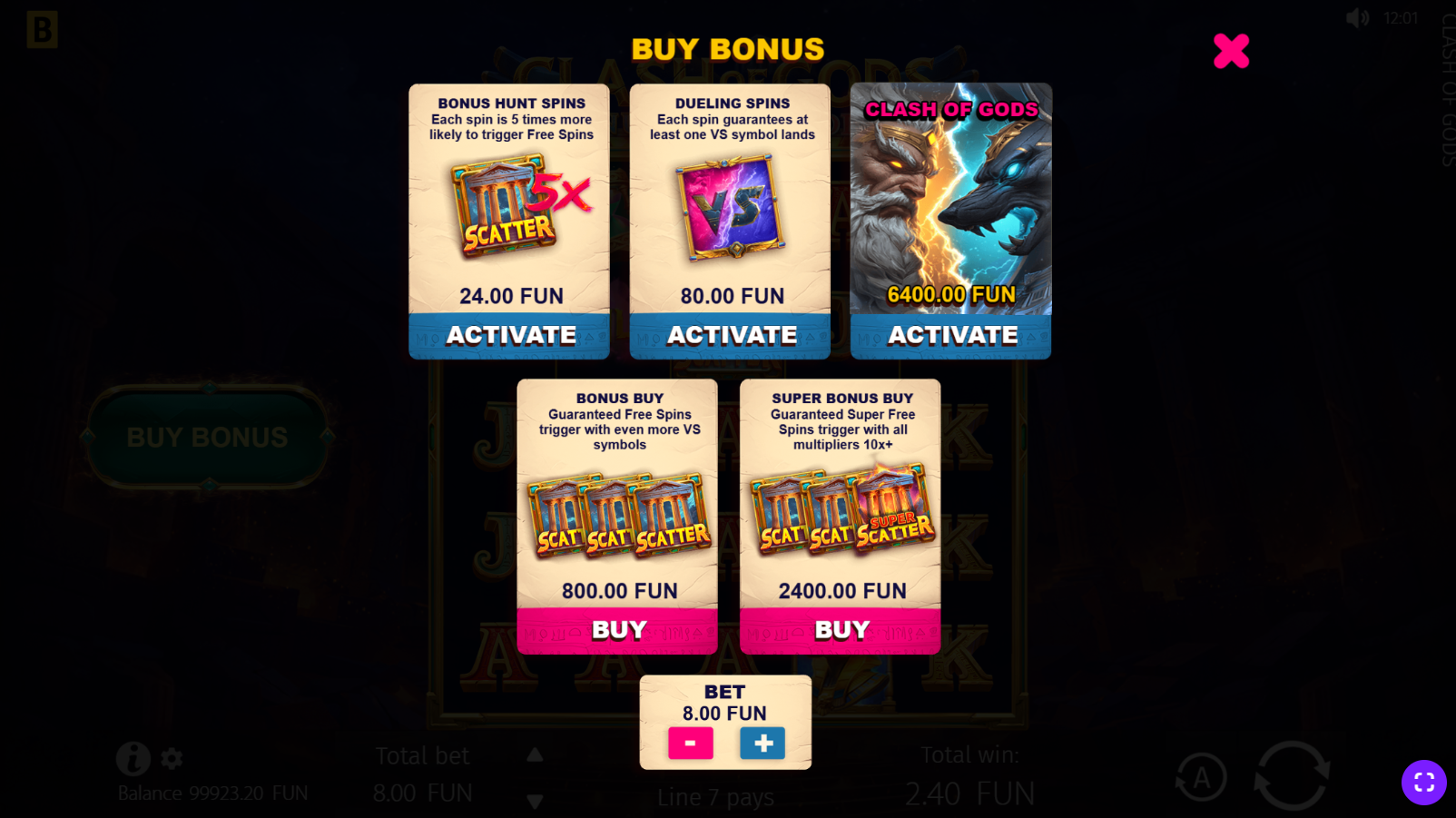 Clash of Gods: Anubis vs Hades bonus buy menu showing all 5 purchasable feature options
