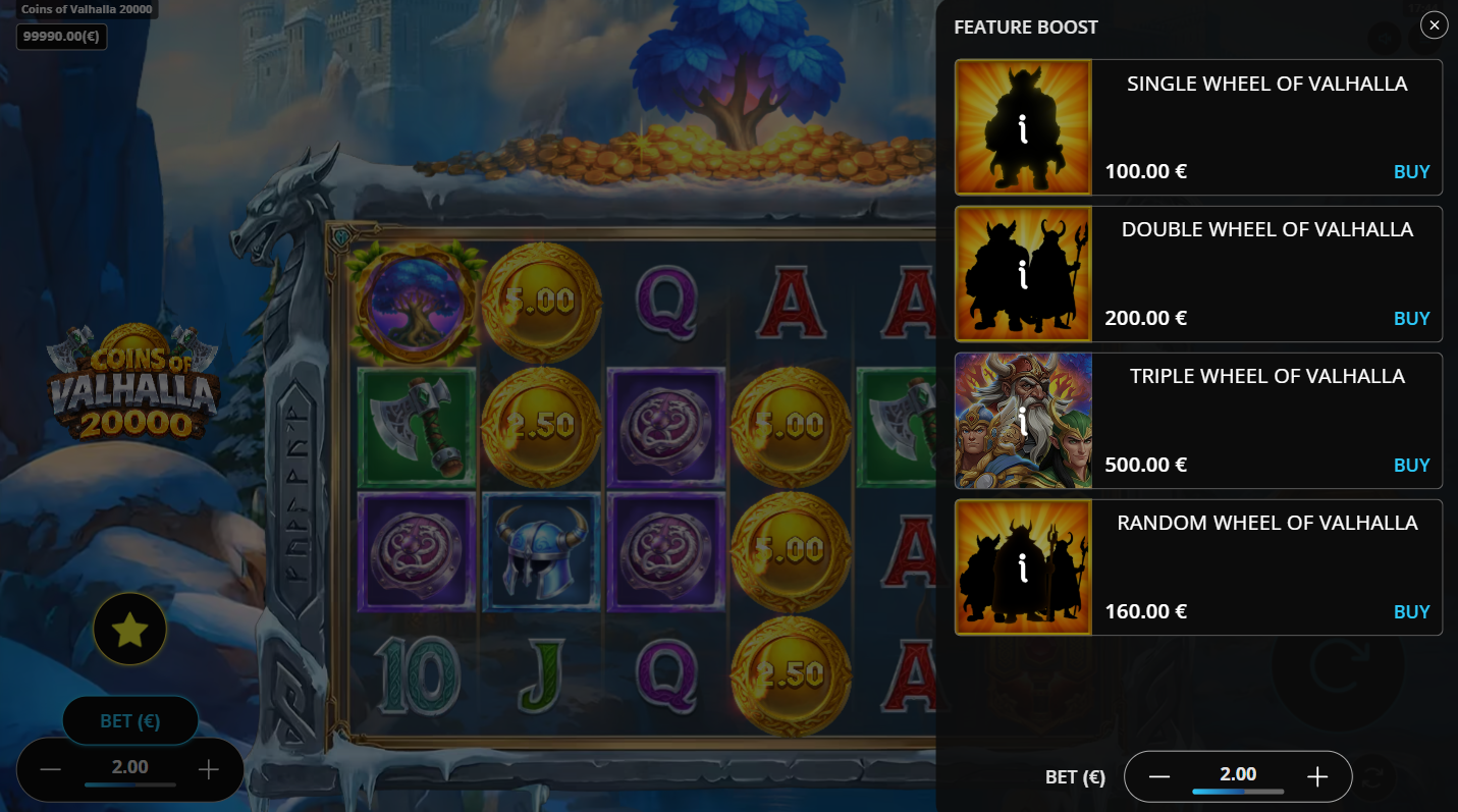 Coins of Valhalla 20000 bonus buy options showing the four Wheel of Valhalla purchase tiers