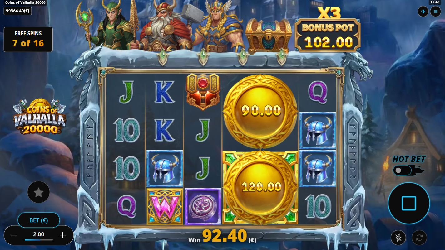 Coins of Valhalla 20000 Triple Wheel of Valhalla bonus buy feature at 250x bet with all three enhancements