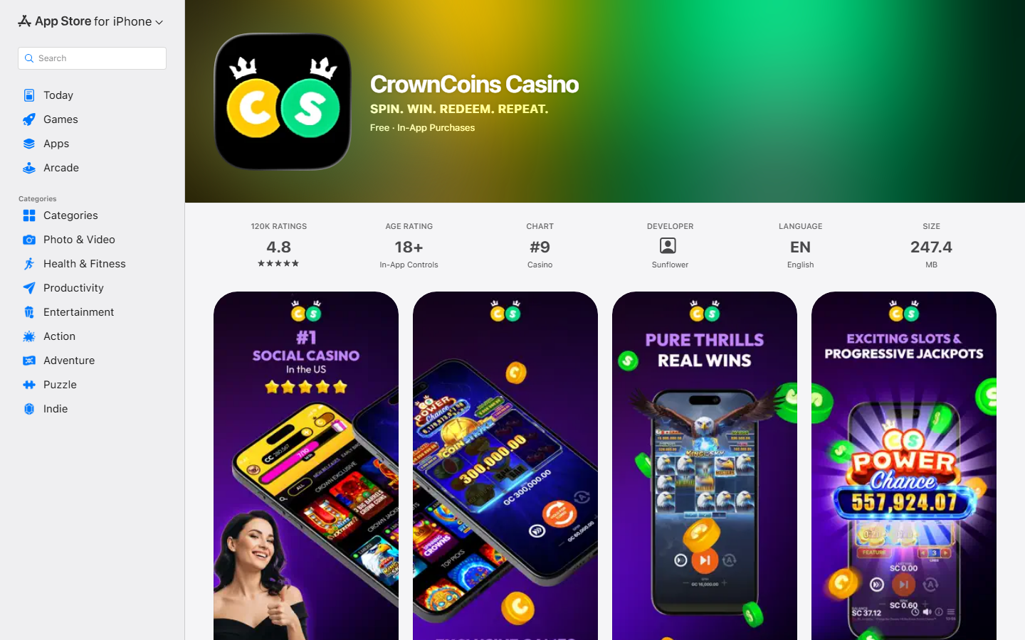 Crown Coins Casino iOS App Store listing showing 4.8-star rating, #9 Casino chart position and app screenshots of the sweepstakes slots