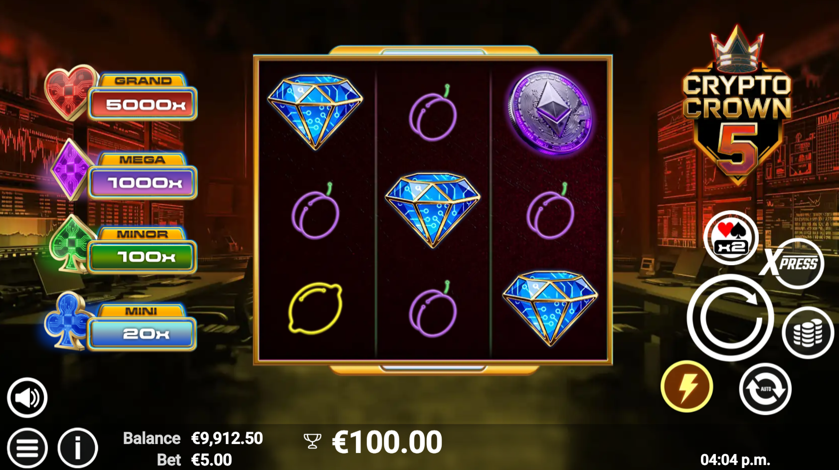 Crypto Crown 5 base game grid showing 3x3 reel layout with crypto coin symbols
