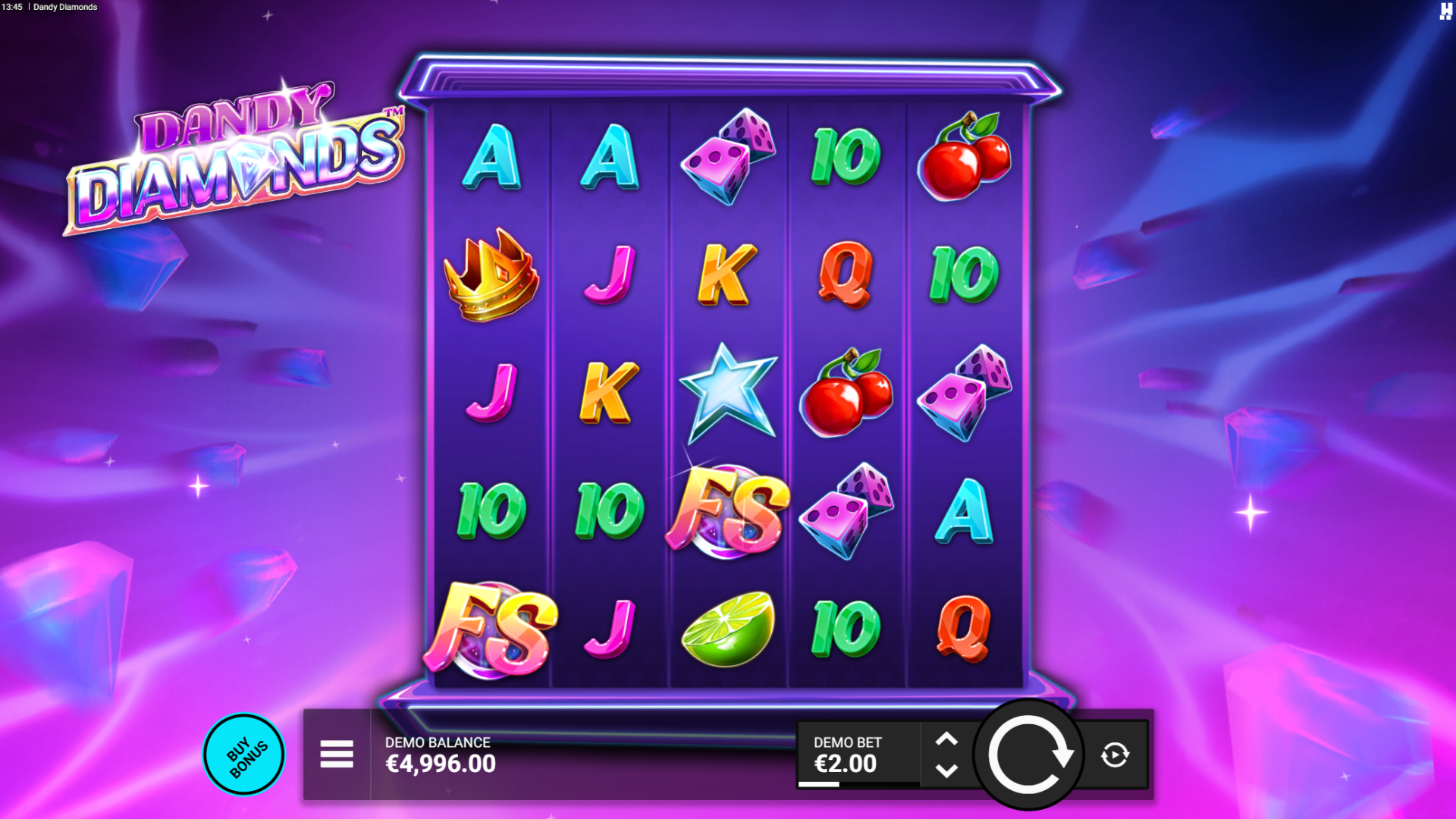 Dandy Diamonds base game - 5x5 grid with Diamond symbols and 19 fixed paylines