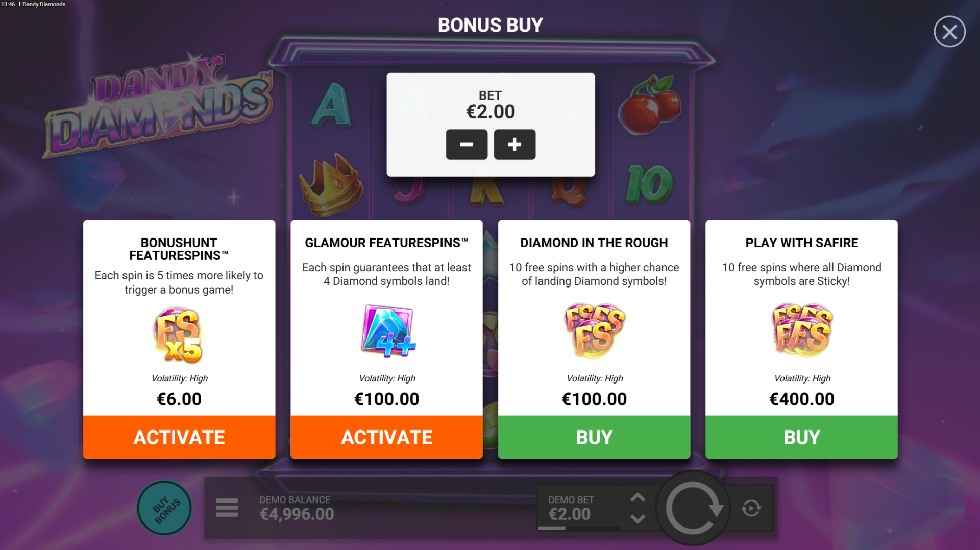 Dandy Diamonds bonus buy options including BonusHunt FeatureSpins, Glamour FeatureSpins, Diamond in the Rough Buy and Play with Safire Buy