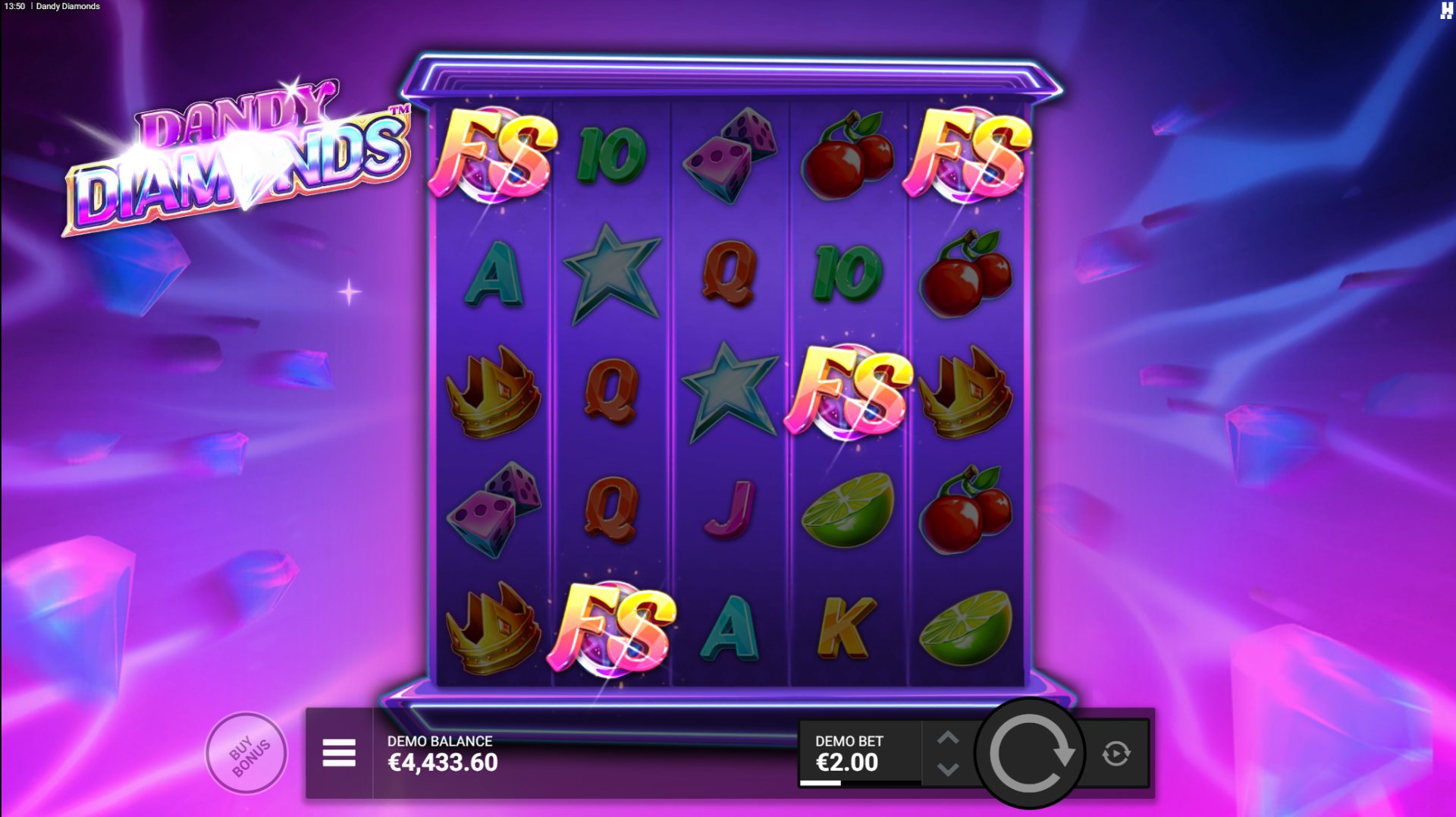 Dandy Diamonds - Play with Safire bonus with sticky Diamonds for the full duration of free spins
