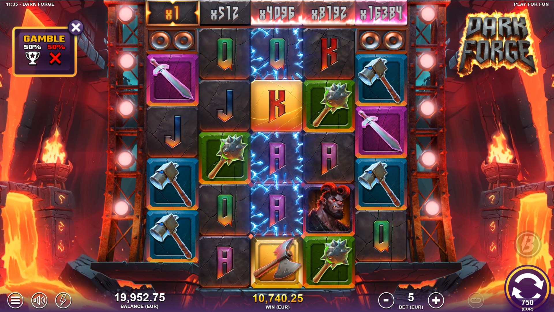 Dark Forge Gamble Buy feature at 150x stake with 50/50 Super Free Spins chance