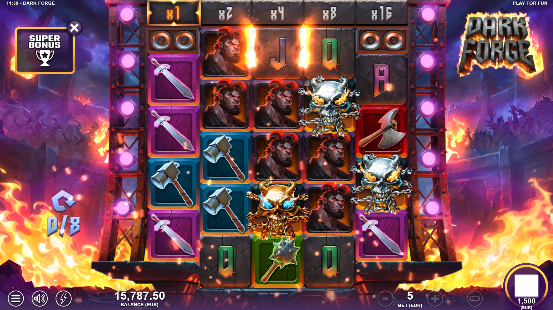 Dark Forge Super Free Spins bonus feature with enhanced reel 3 symbols