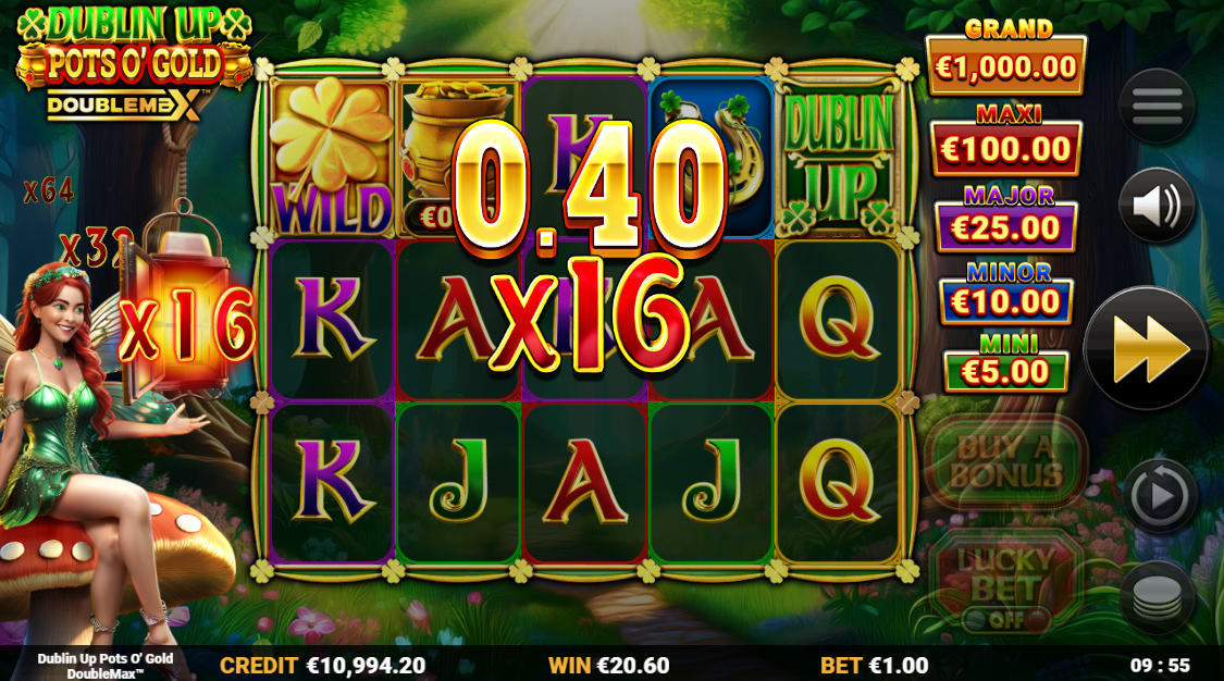 Dublin Up Pots O' Gold DoubleMax showing x16 DoubleMax multiplier feature during bonus play