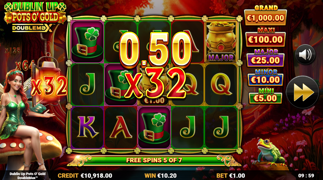 Dublin Up Pots O' Gold DoubleMax free spins bonus with x32 DoubleMax multiplier active