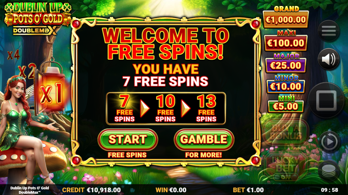 Dublin Up Pots O' Gold DoubleMax free spins trigger screen showing 7, 10 or 13 free spins gamble choice