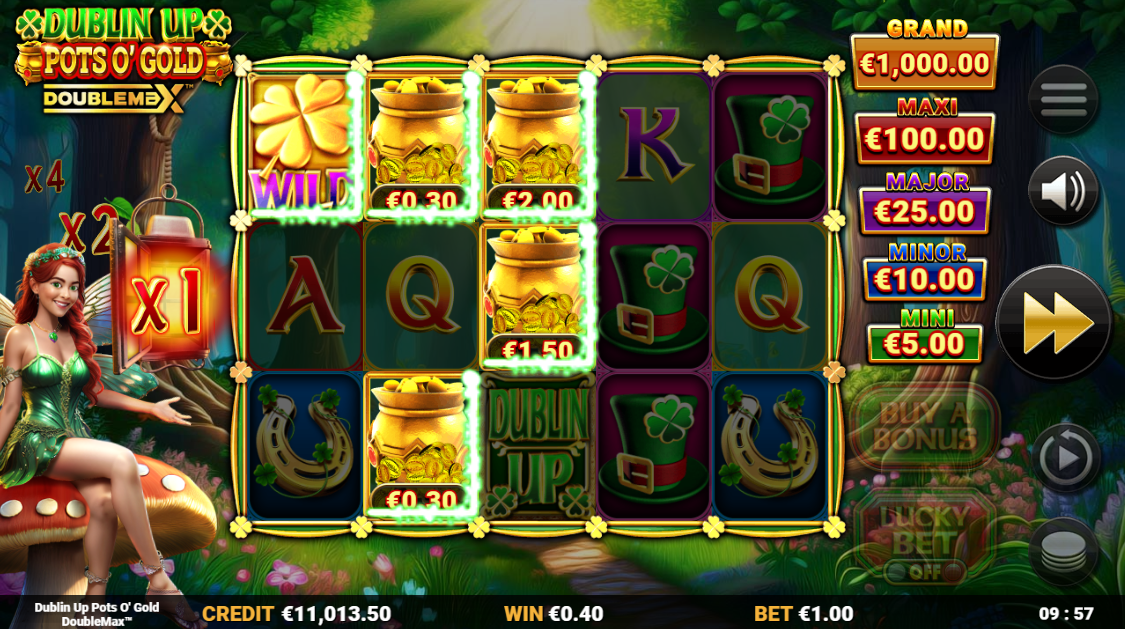 Dublin Up Pots O' Gold DoubleMax Pot Prize feature with Wild symbol and pot prize symbols landing on reels