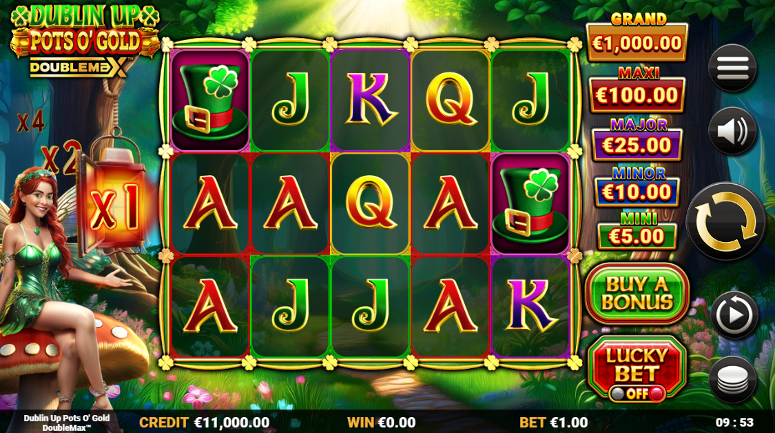 Dublin Up Pots O' Gold DoubleMax base game showing 5x3 grid with pot prize jackpot panel and DoubleMax multiplier symbols