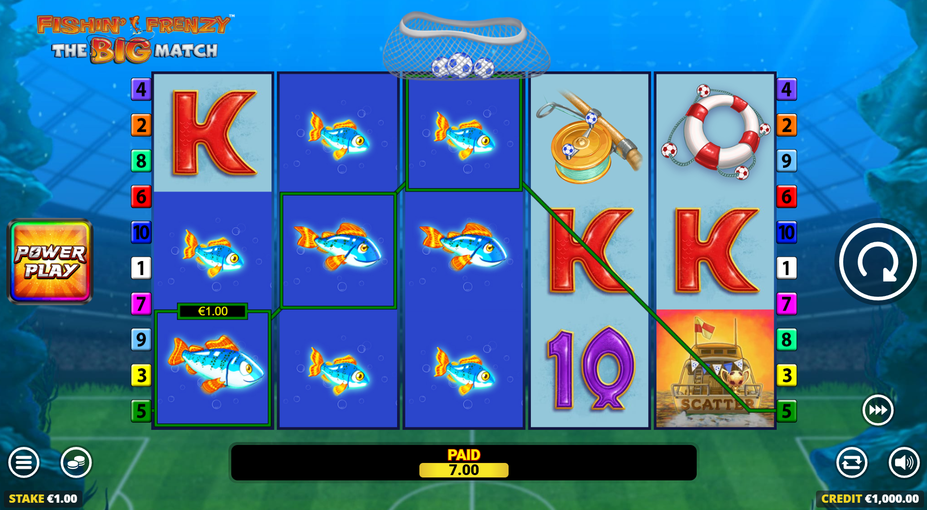 Fishin' Frenzy The Big Match base game reels showing underwater setting with football stadium background