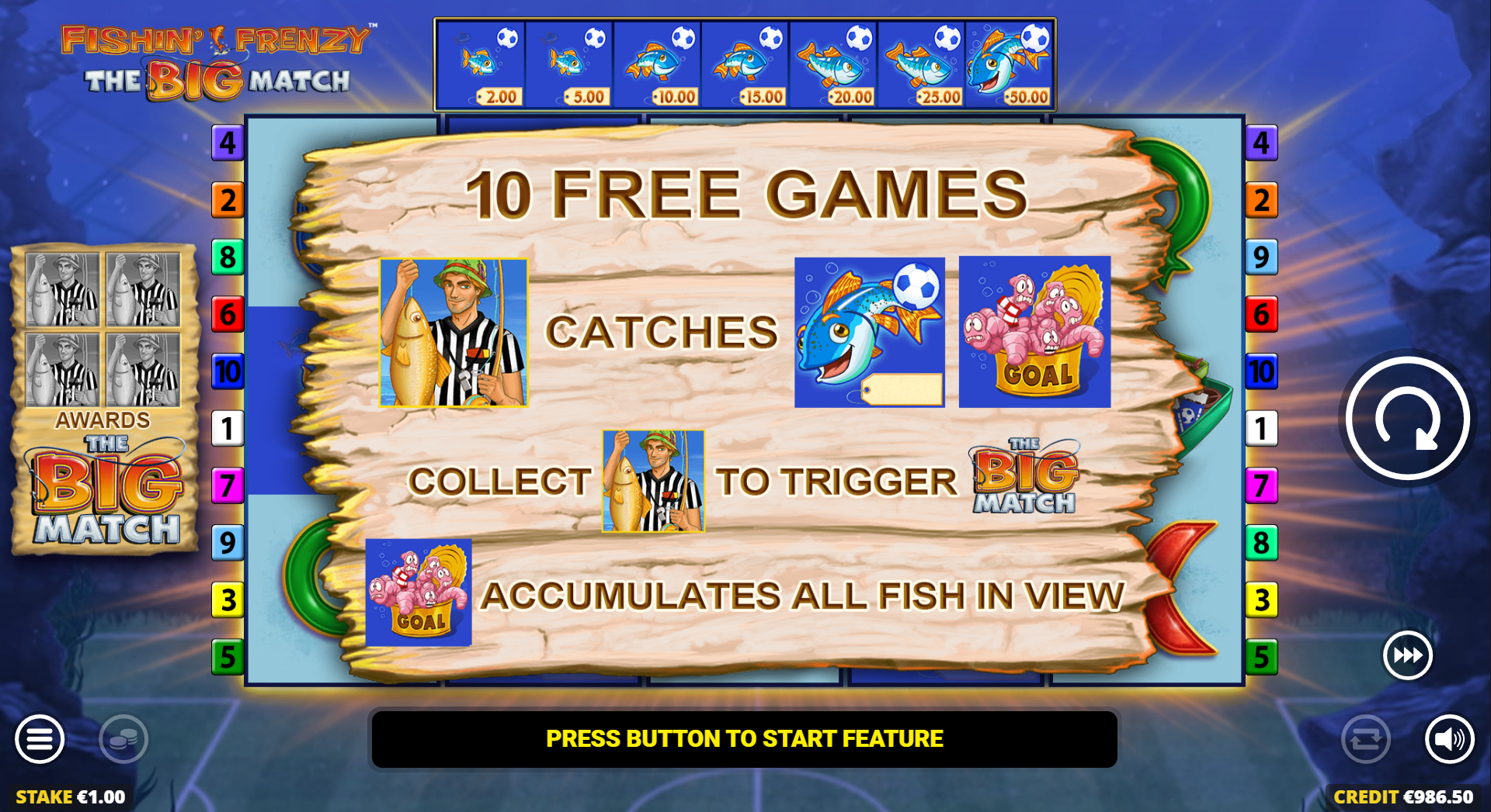 Fishin' Frenzy The Big Match free spins feature with Fisherman Wild collecting fish cash values