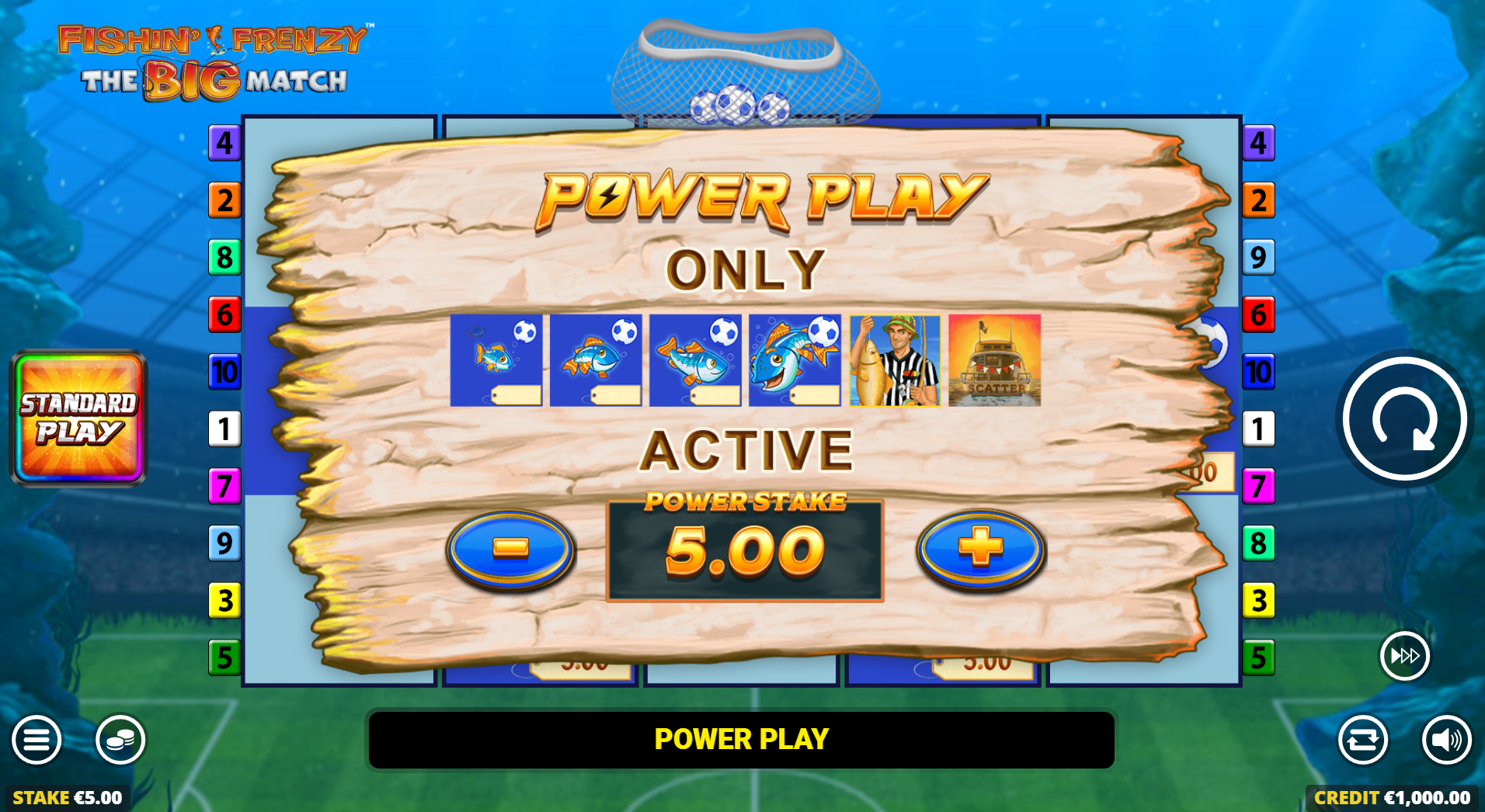Fishin' Frenzy The Big Match Power Play option selection at 5x the standard wager
