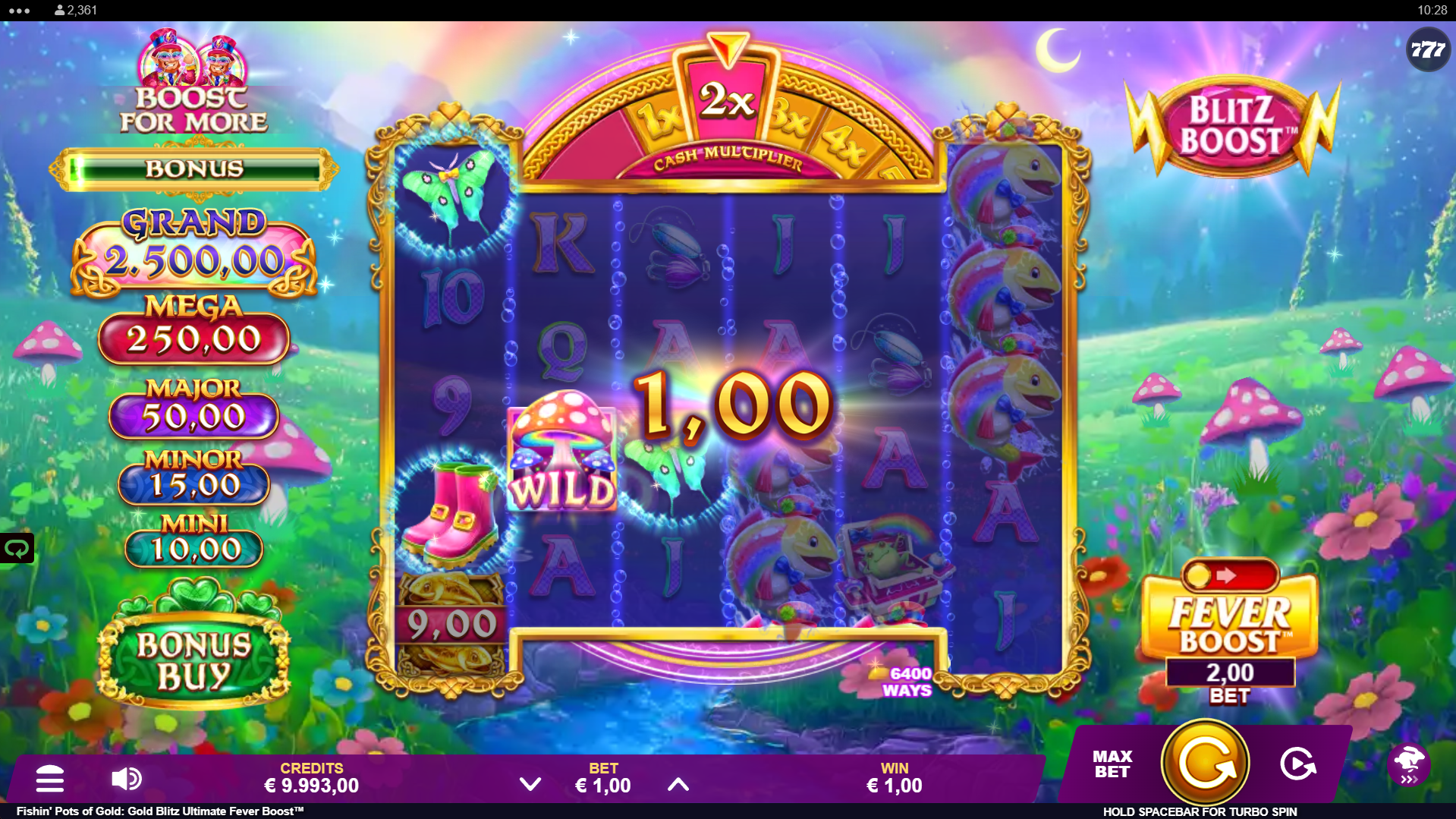 Fishin' Pots of Gold: Gold Blitz Ultimate Fever Boost showing 6400 ways to win