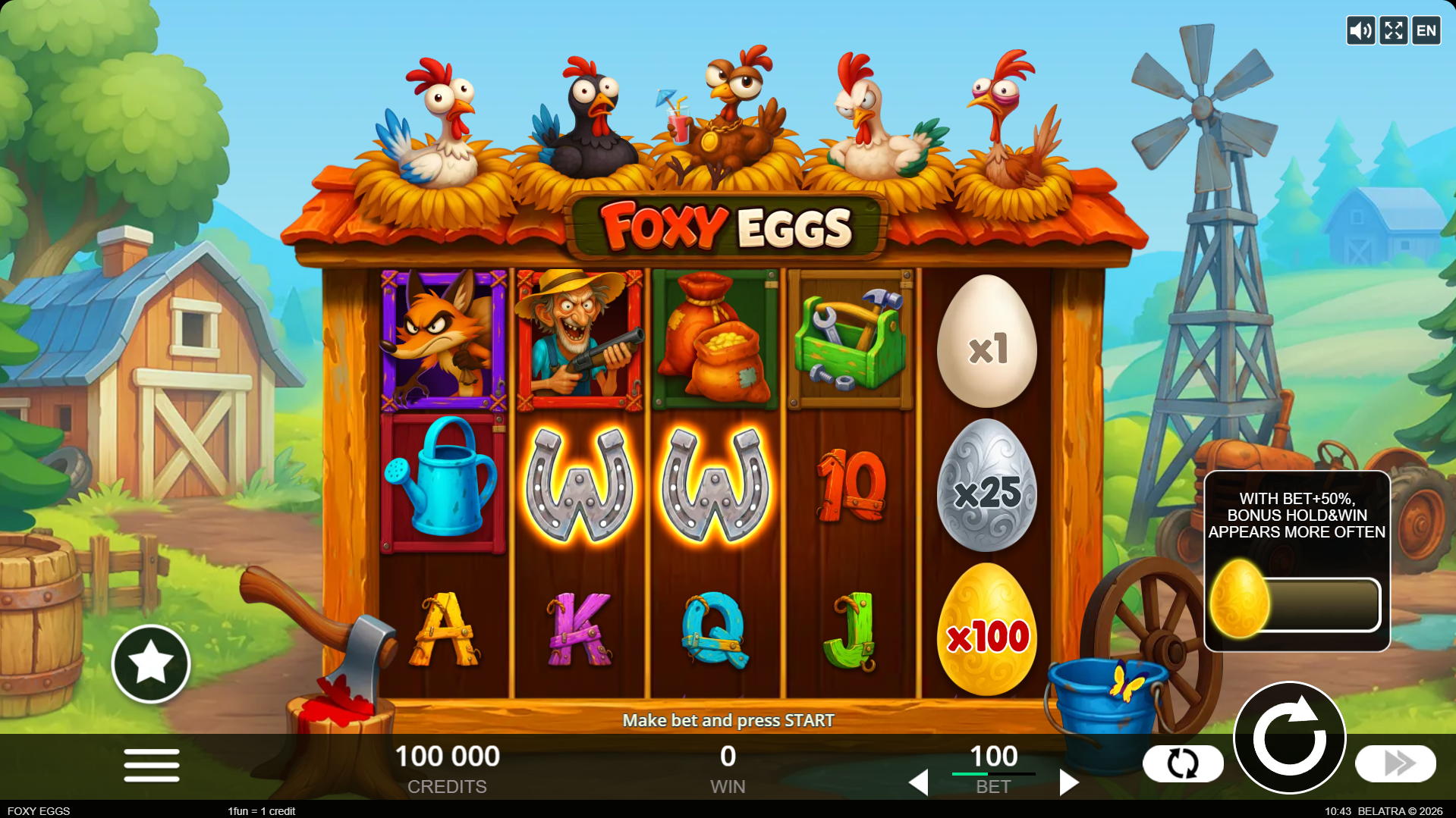 Foxy Eggs base game showing the 5x3 grid with egg scatter symbols and paytable