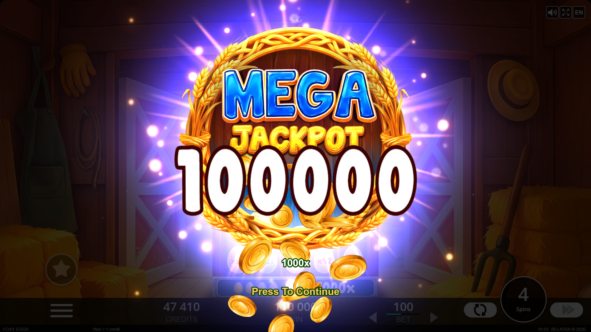 Foxy Eggs bonus jackpot panel showing MINI, MEGA and GRAND jackpot levels