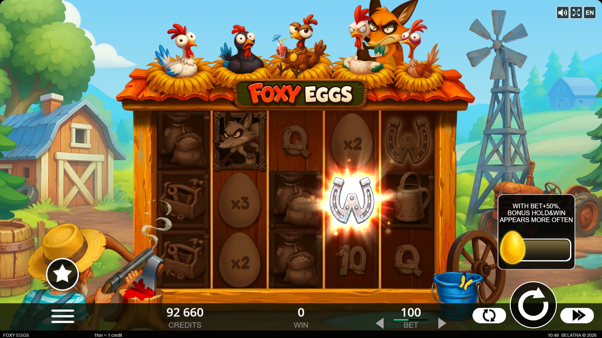 Foxy Eggs The Fox's Tricks random feature with the Farmer shooting WILD symbols