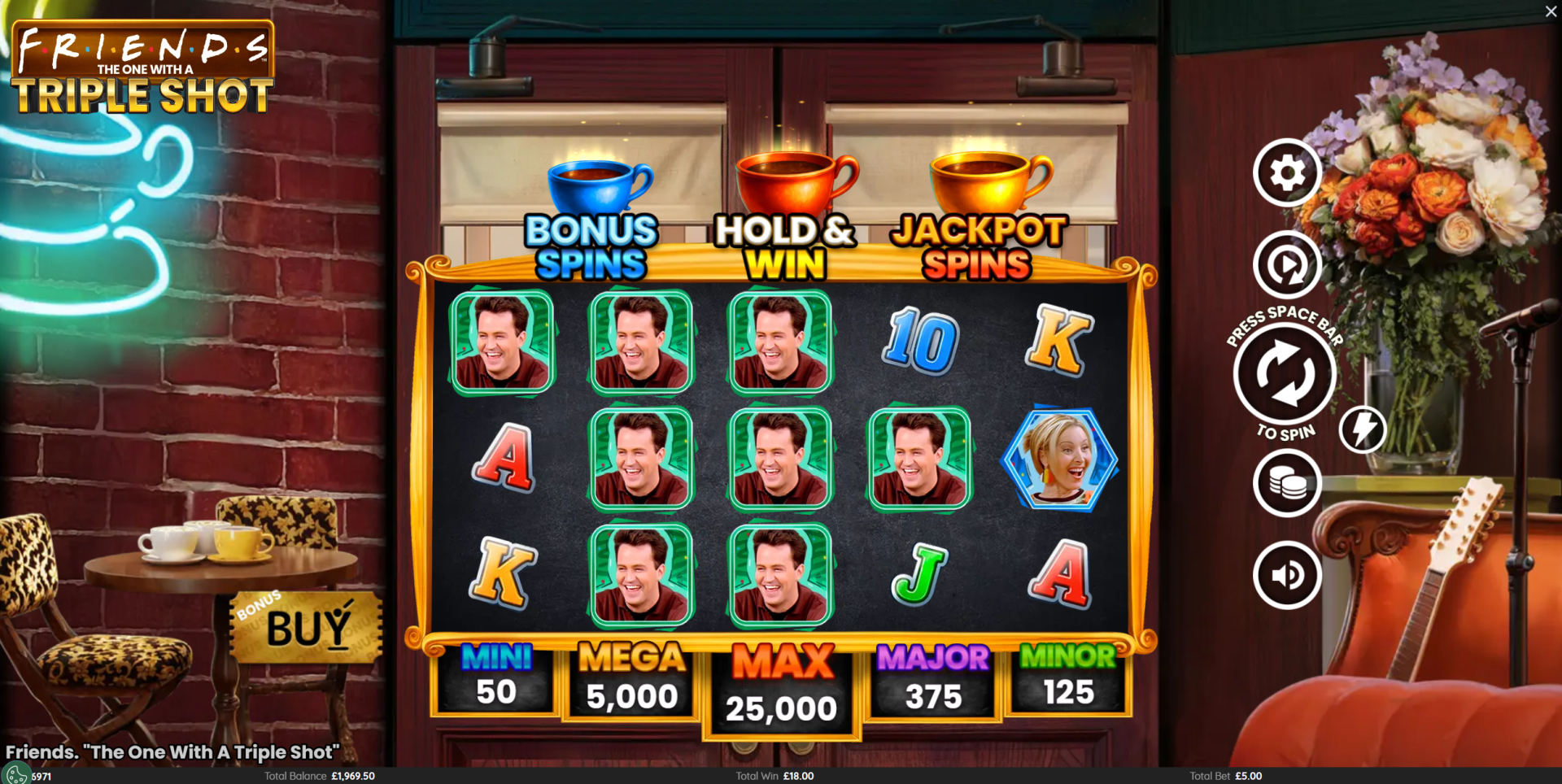 Friends: The One With A Triple Shot base game screenshot showing the 5x3 grid with mystery symbols