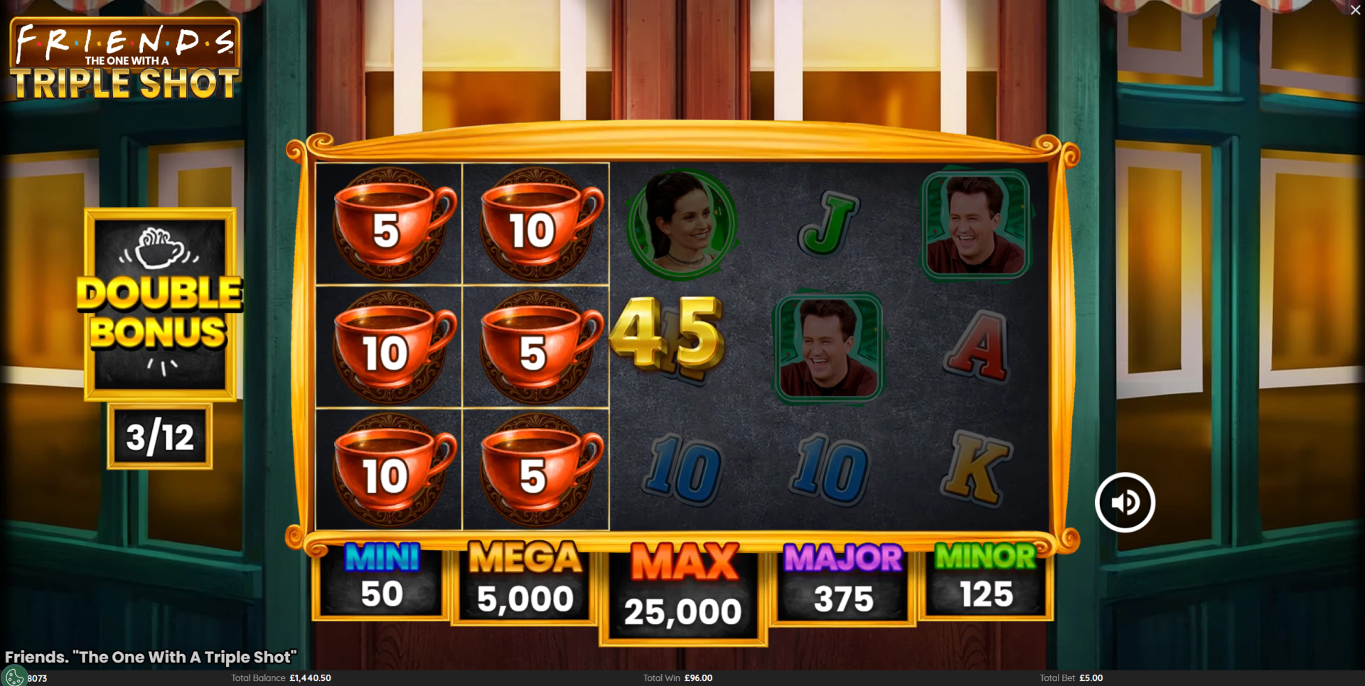 Friends: The One With A Triple Shot Hold N Win feature with coffee cup symbols filling the grid