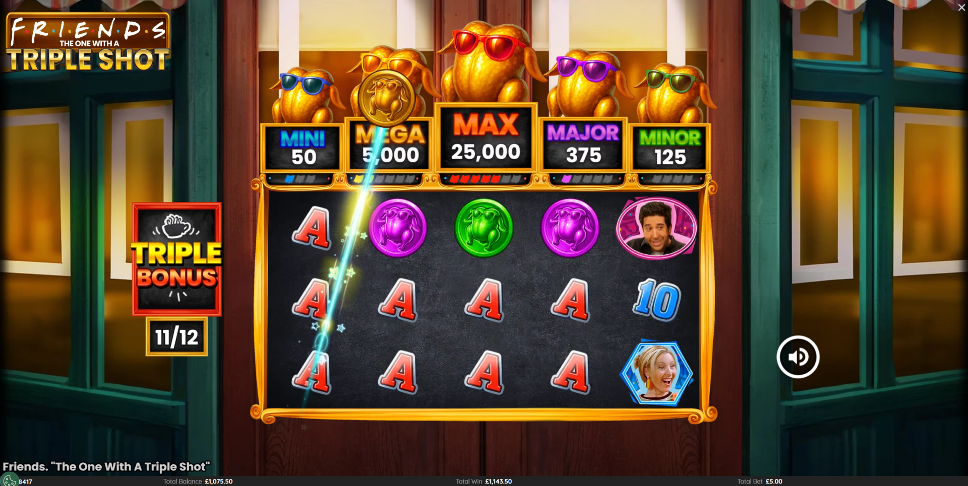 Friends: The One With A Triple Shot jackpot symbols showing the five fixed jackpot tiers