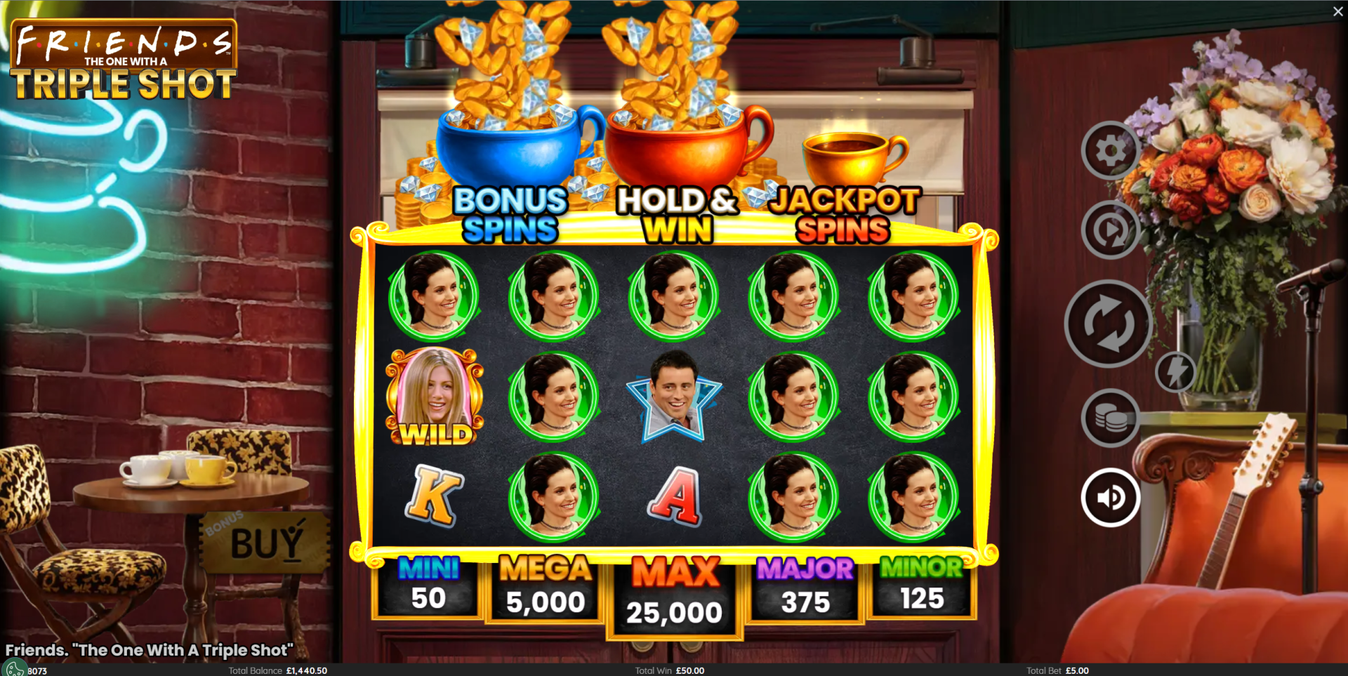 Friends: The One With A Triple Shot Bonus Spins feature with mystery symbols revealed