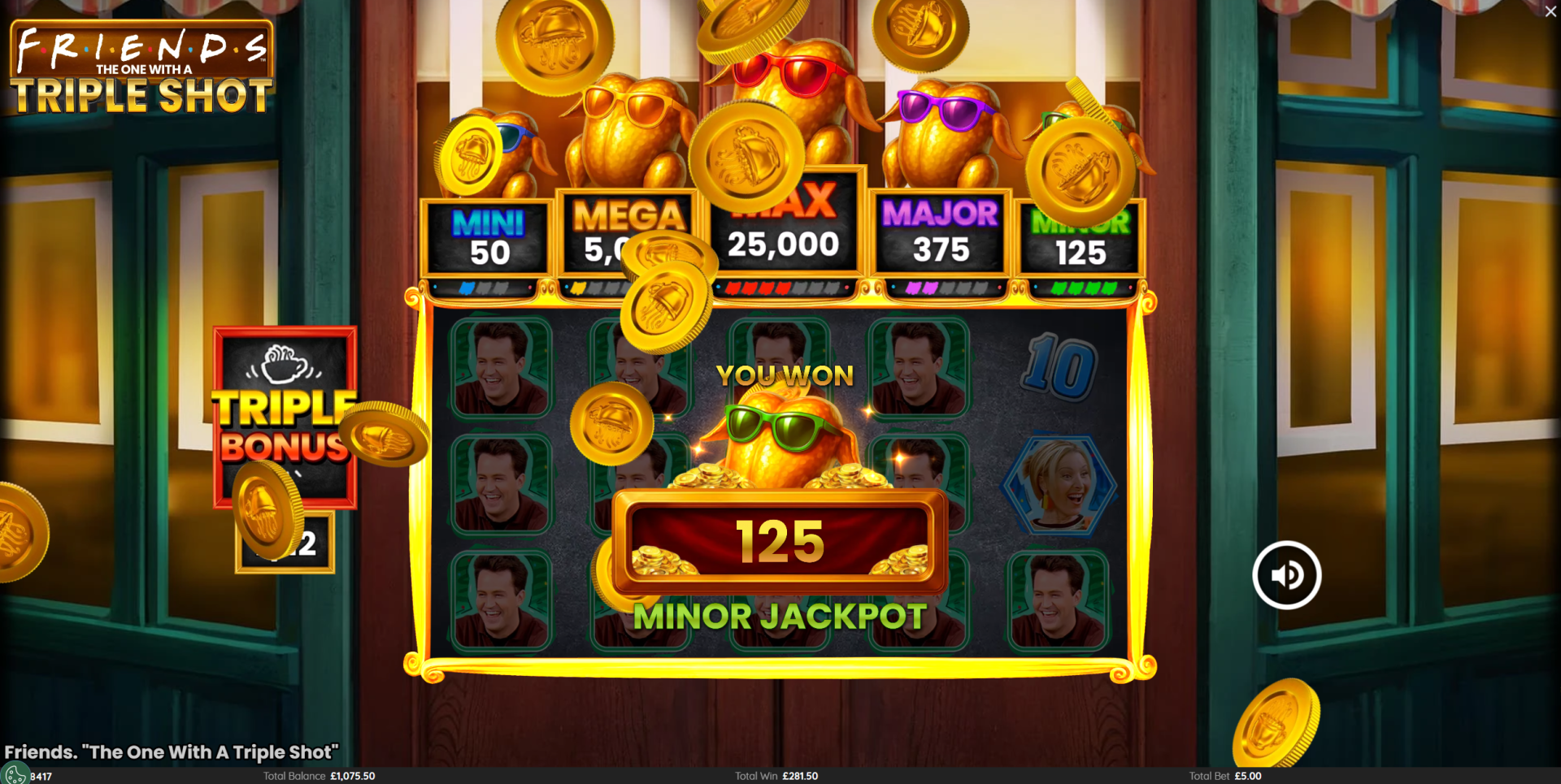 Friends: The One With A Triple Shot Triple Bonus Jackpot win screen