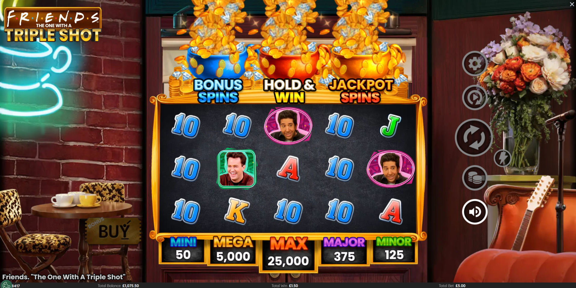 Friends: The One With A Triple Shot Triple Bonus feature showing all three bonuses active simultaneously