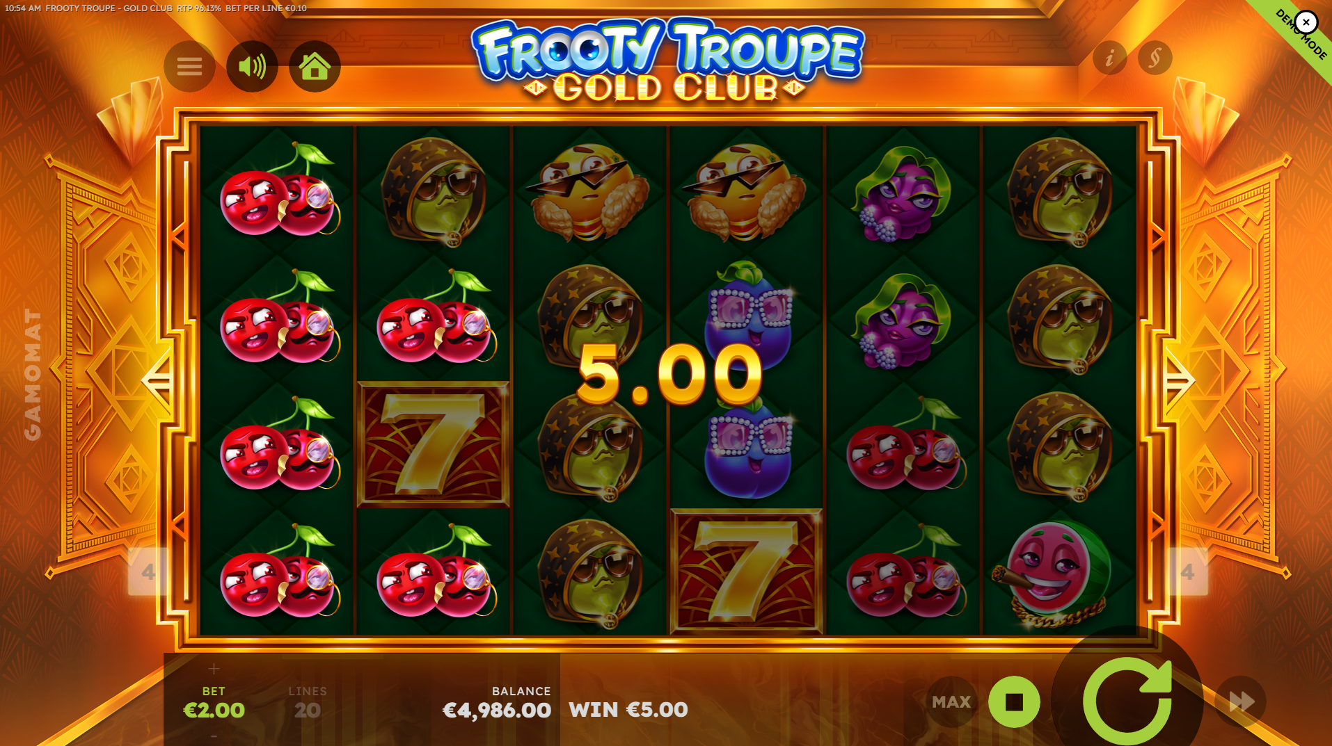 Frooty Troupe Gold Club 20 fixed paylines diagram