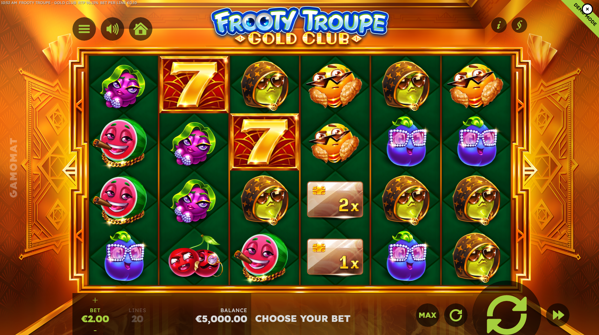 Frooty Troupe Gold Club base game play showing 6x4 grid with fruit symbols