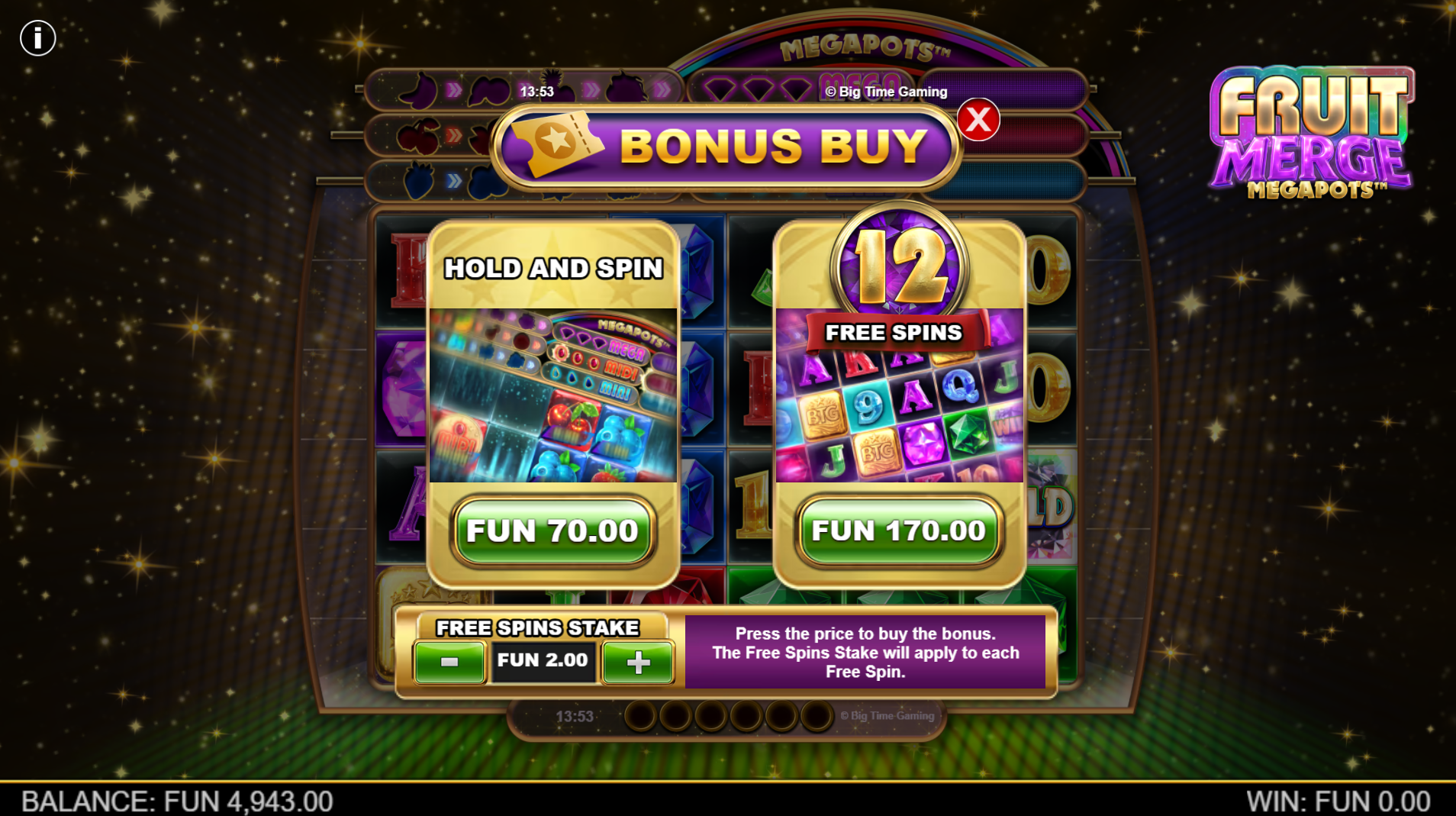 Fruit Merge Megapots Bonus Buy menu showing Hold and Spin for 35x stake and 12 Free Spins for 85x stake