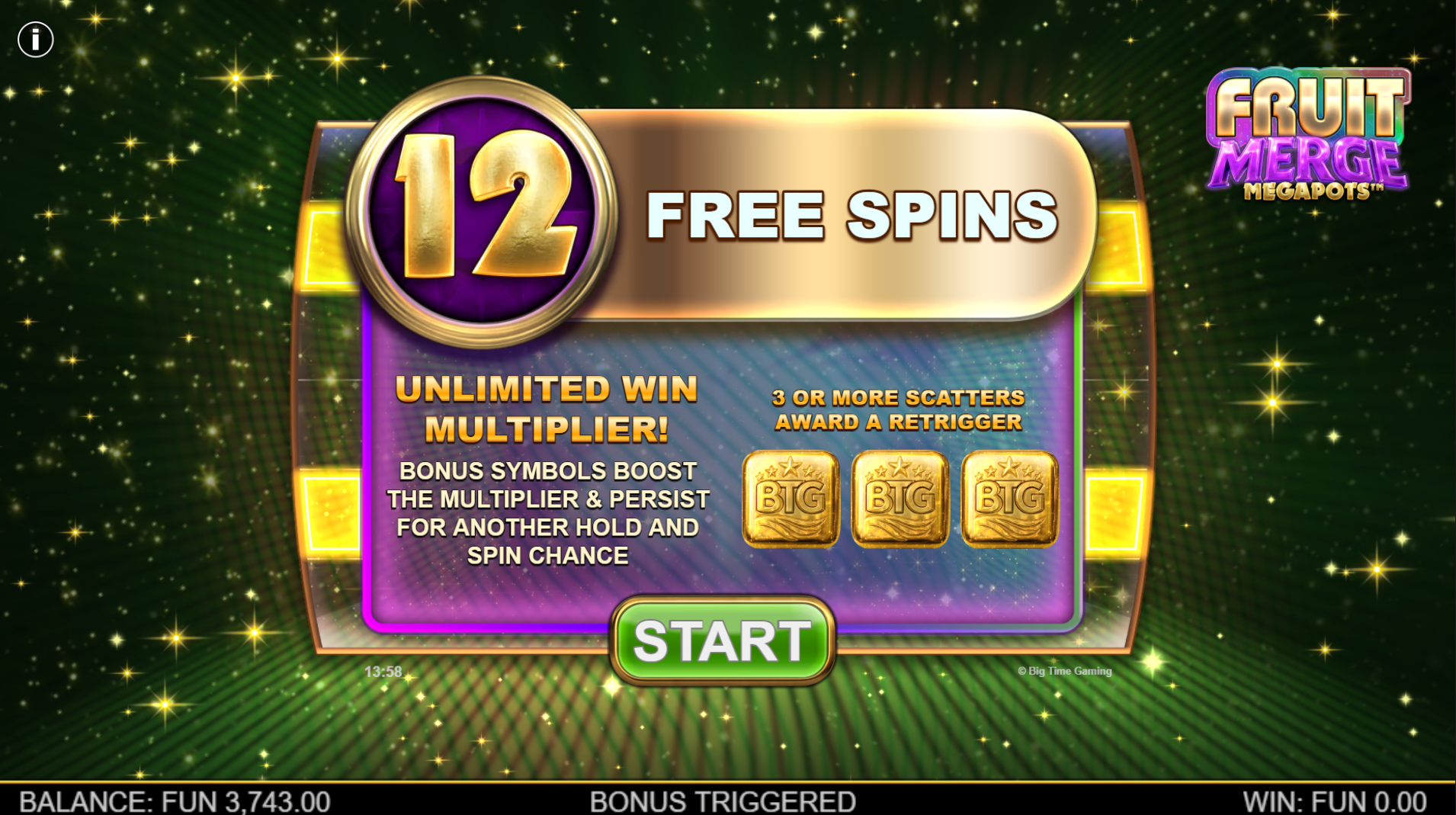Fruit Merge Megapots Free Spins bonus screen showing 12 Free Spins award with unlimited win multiplier feature