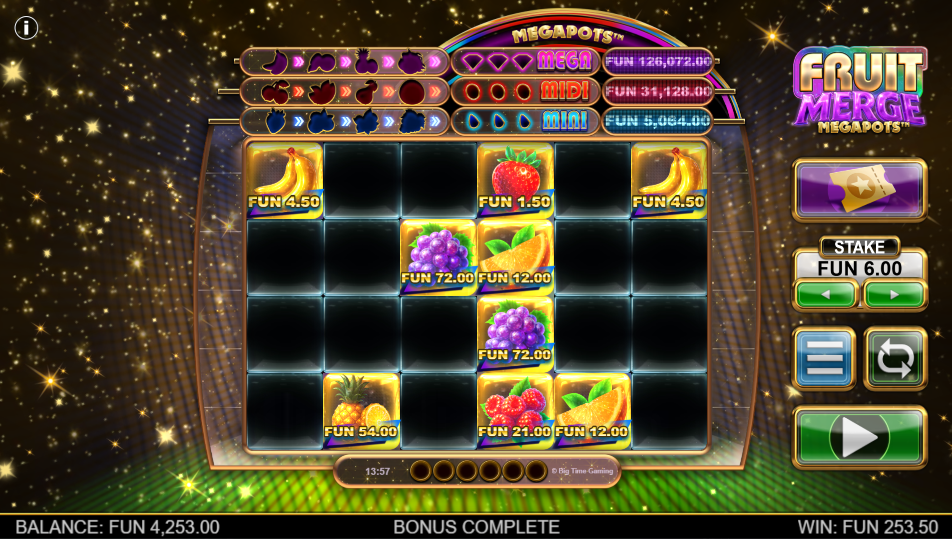 Fruit Merge Megapots Hold and Spin feature in progress on the 6x4 grid with fruit symbols showing prize amounts