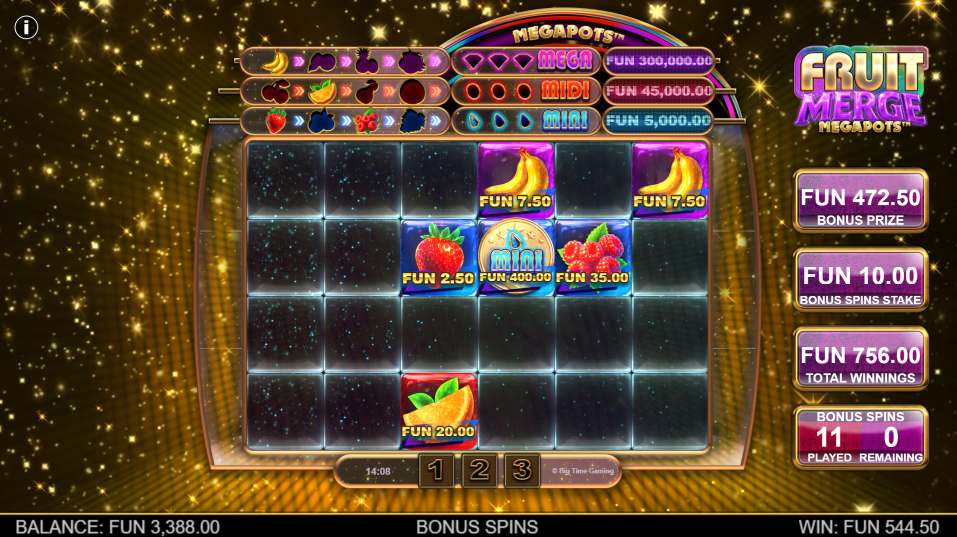Fruit Merge Megapots Hold and Spin feature showing Mini, Midi and Mega Megapot jackpot tiers above the reels with fruit symbols displaying individual prize values