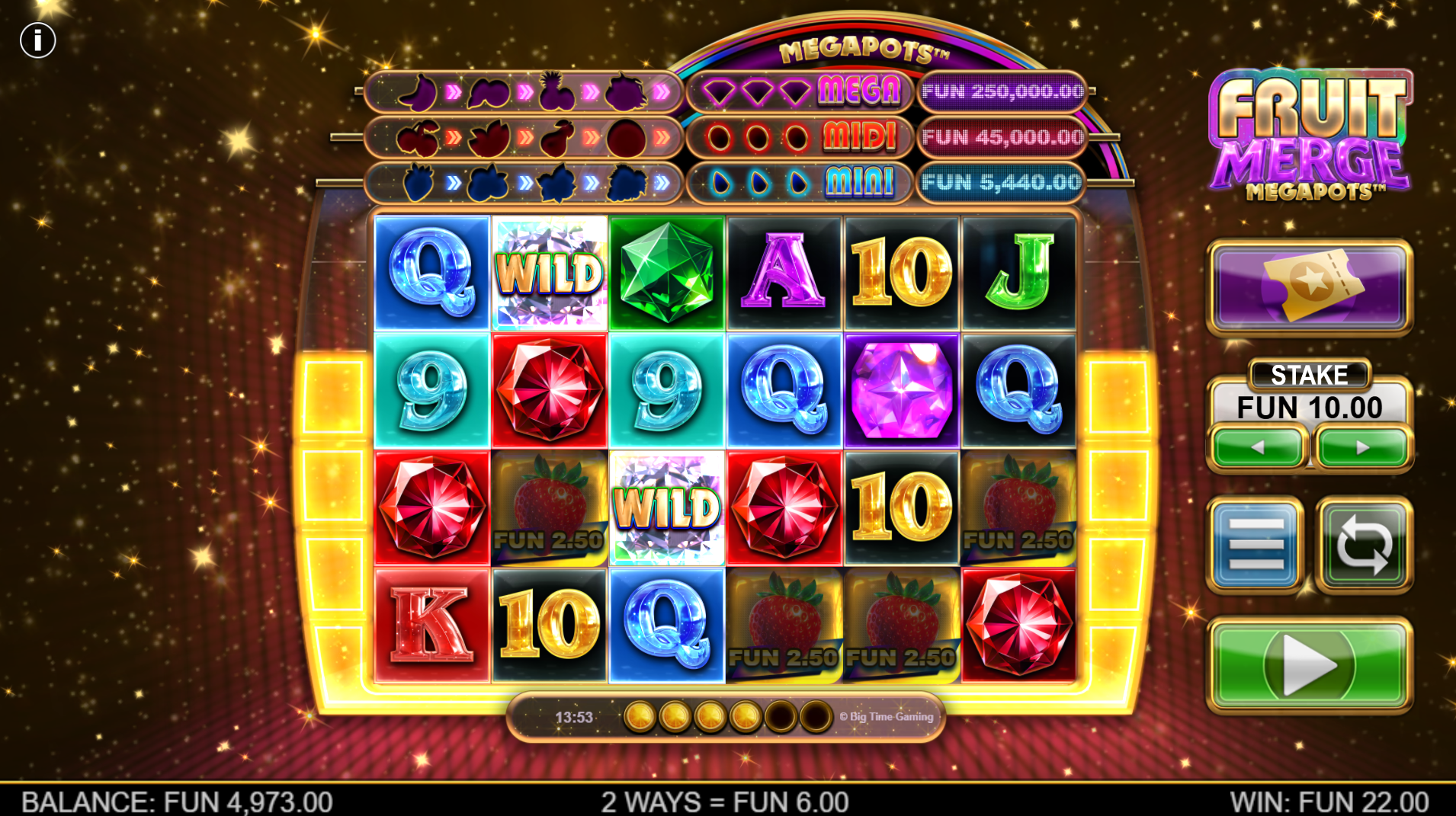 Fruit Merge Megapots base game showing Wild symbols on the 6x4 grid with card and fruit symbols
