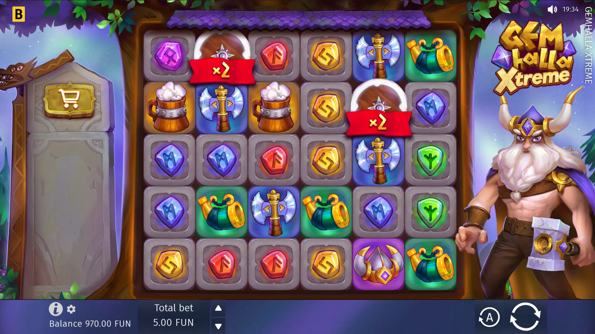 Gemhalla Xtreme base game showing the 6x5 grid with Norse mythology symbols