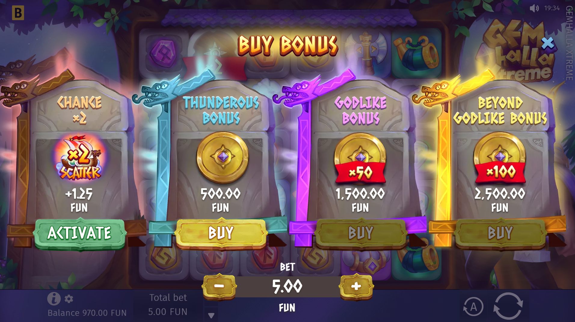 Gemhalla Xtreme Bonus Buy options screen showing Thunderous, Godlike, and Beyond Godlike options