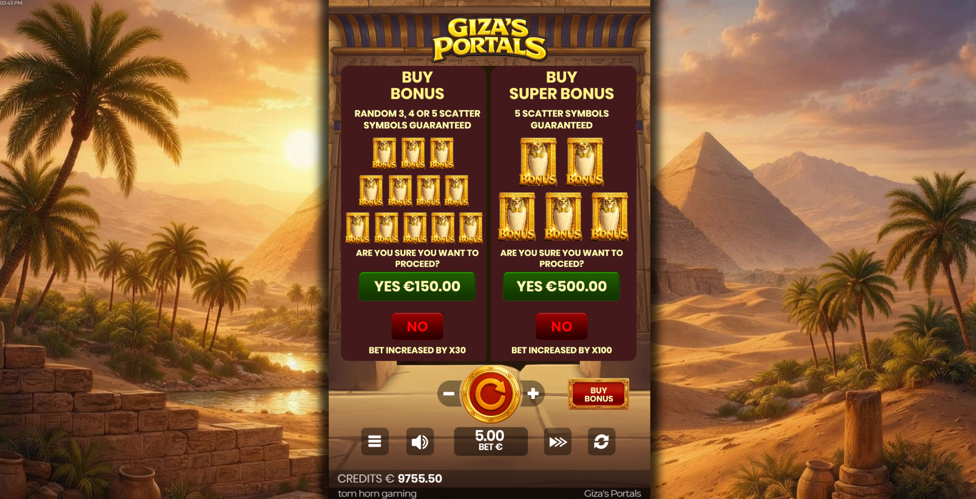Giza's Portals bonus buy options screen